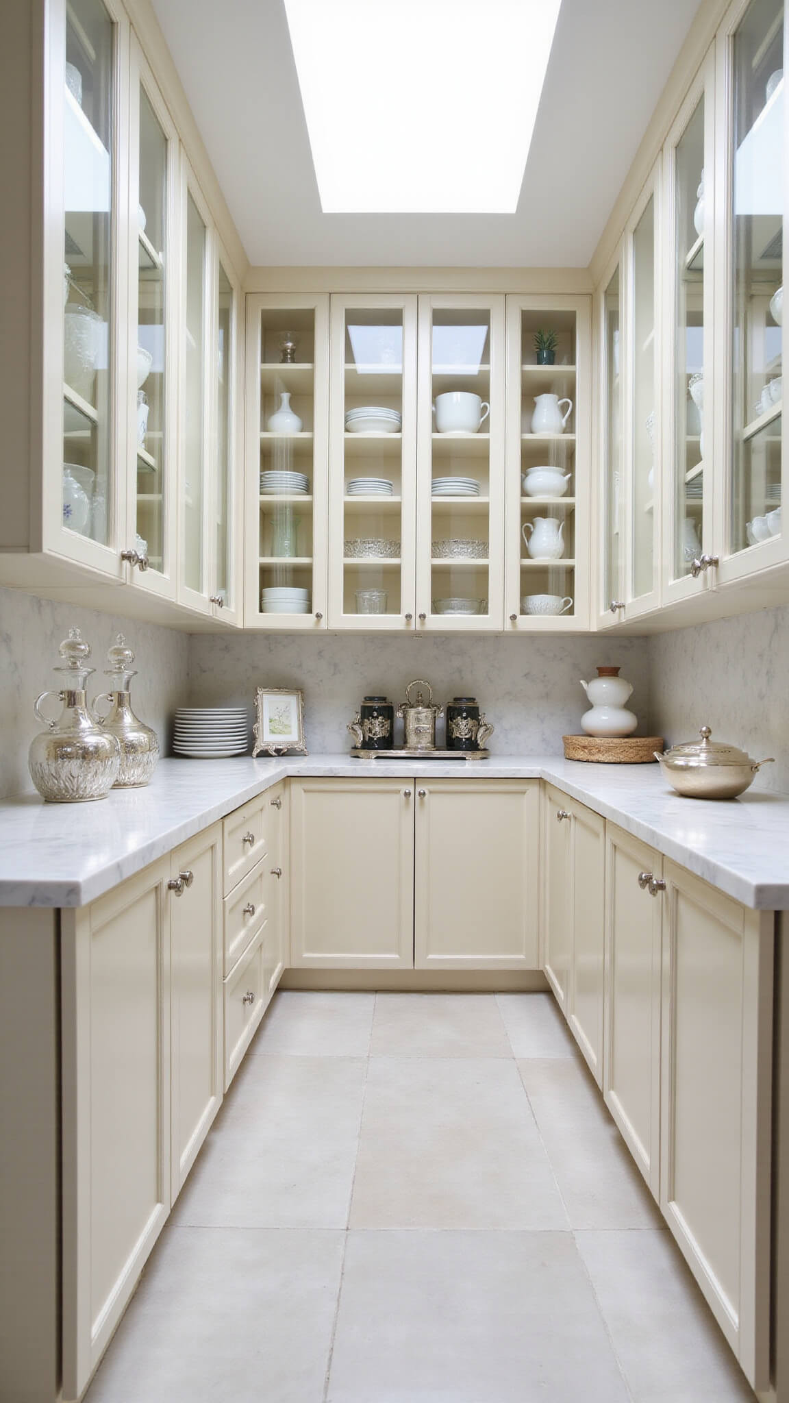 Elegant butler's pantry with alabaster floor-to-ceiling cabinetry, skylight-lit, featuring glass-front lit uppers, polished nickel hardware, marble countertops, and styled with crystal, silver, and white dinnerware.
