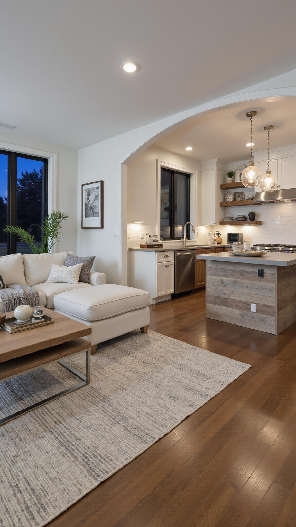 Open-concept kitchen and living room at twilight with alabaster cabinets, reclaimed wood shelves, mixed metals, and cozy ambient lighting.