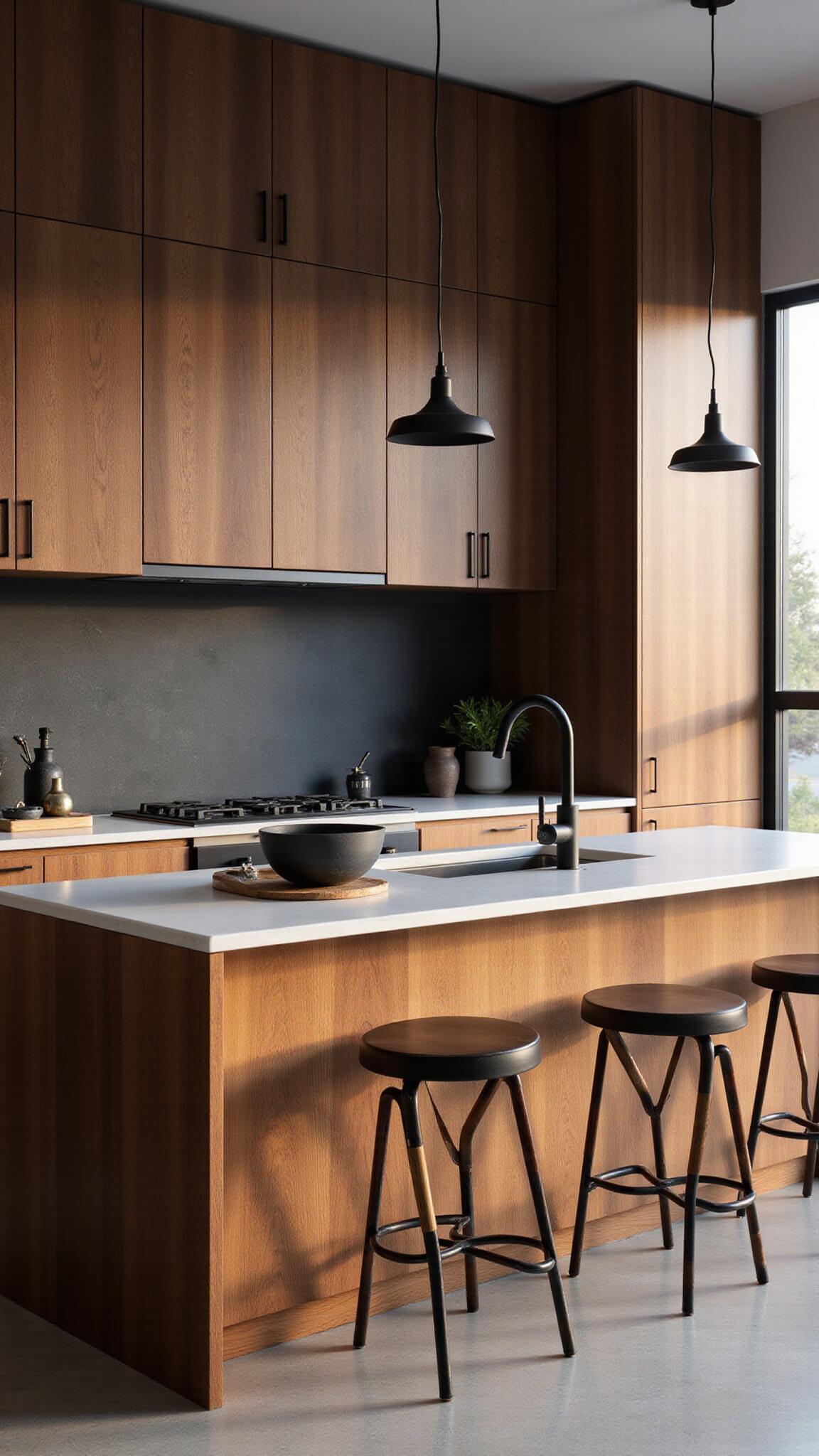 Modern 10x12ft kitchen at golden hour with walnut slab cabinets, black stone backsplash, matte black fixtures, and industrial pendant lights, viewed across island highlighting warm wood grain and minimalist styling.