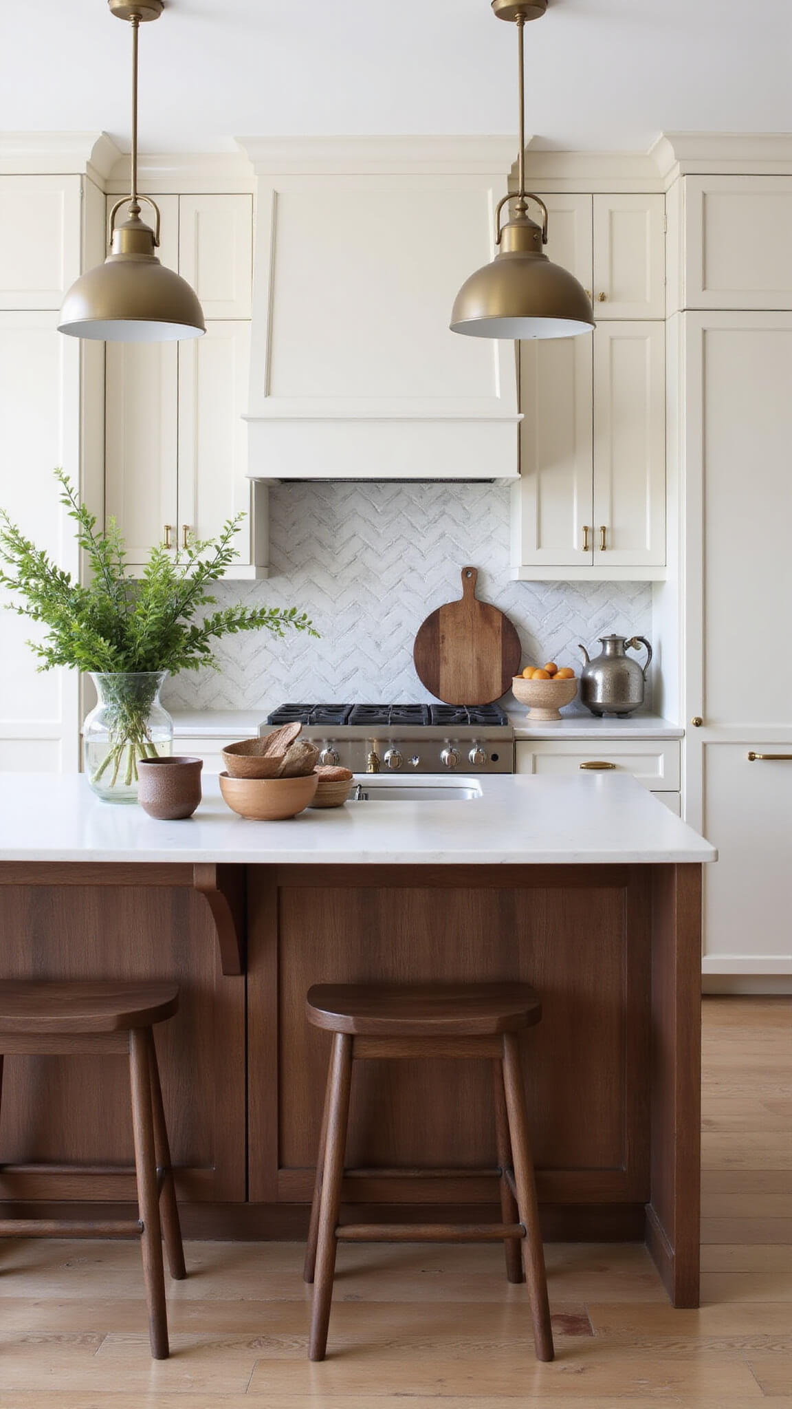 L-shaped transitional kitchen with cream cabinets, walnut island, gold fixtures, marble herringbone backsplash, and styled with pottery and greenery.