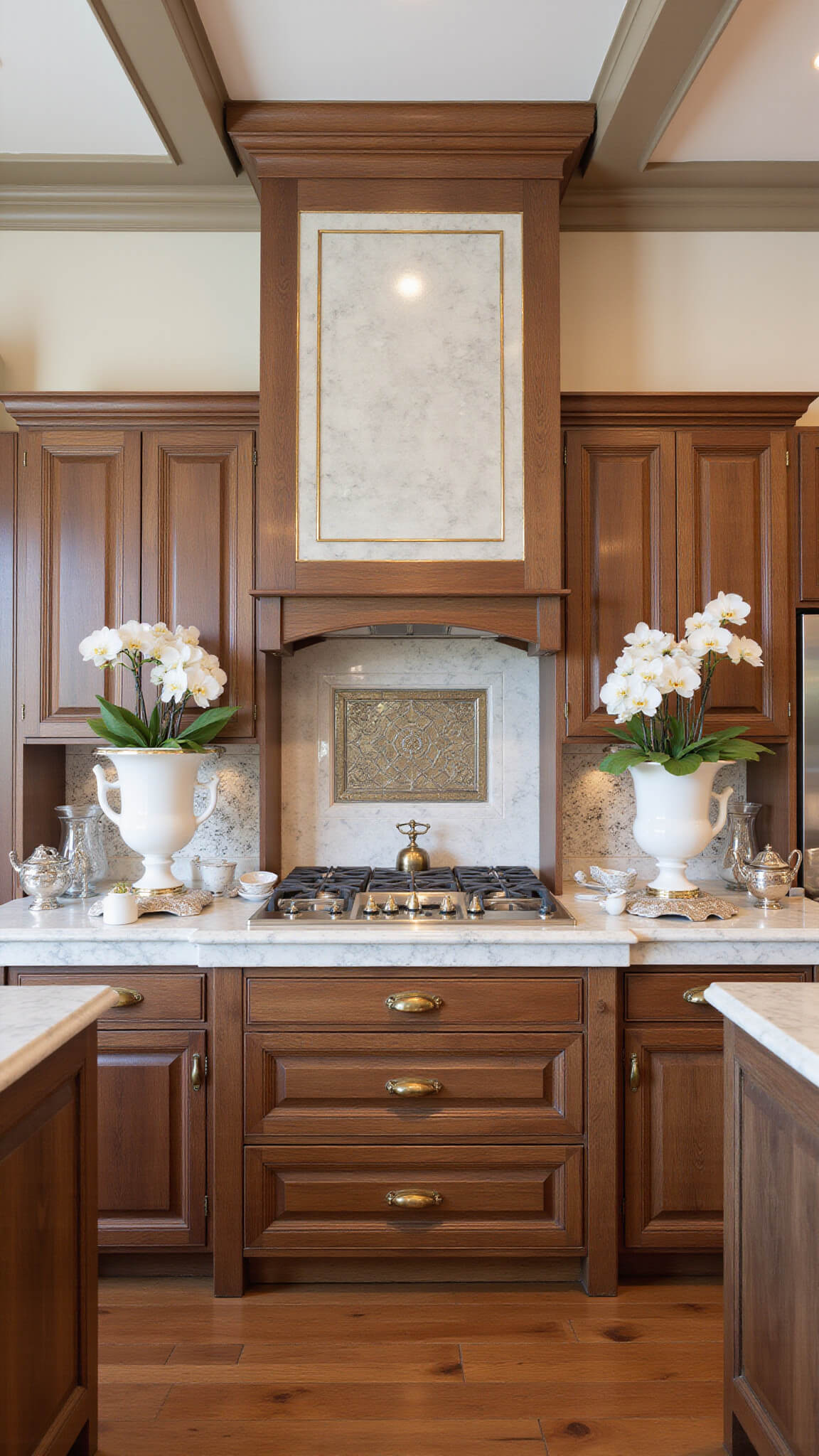 Luxurious kitchen with 10ft ceilings, symmetrical walnut cabinets, Calacatta marble, antique mirror backsplash, and brass and crystal lighting.