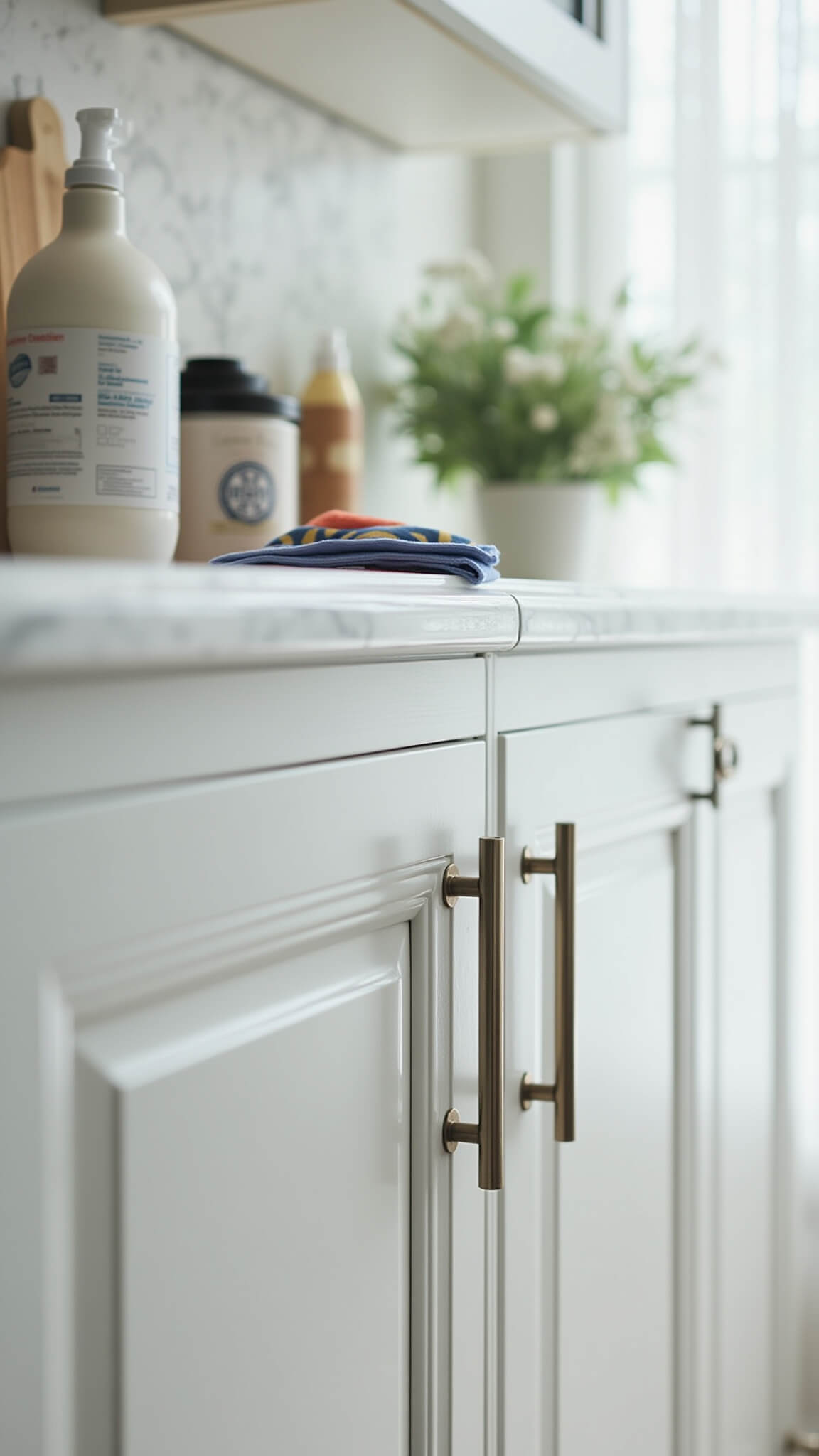Close-up of high gloss white kitchen cabinets being wiped with microfiber cloth, showing reflections and gentle motion blur in bright, airy morning light.