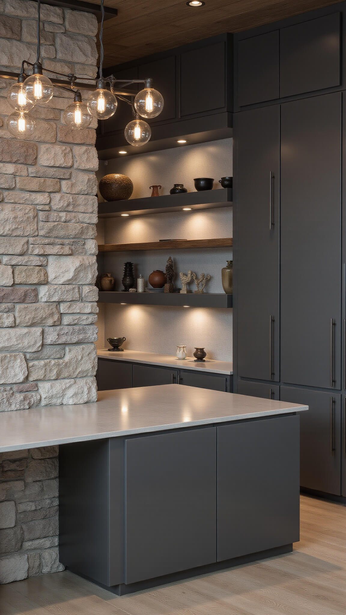 Open kitchen with high-gloss anthracite cabinets, rough stone wall, floating shelves with pottery, and modern chandelier under dusk lighting.