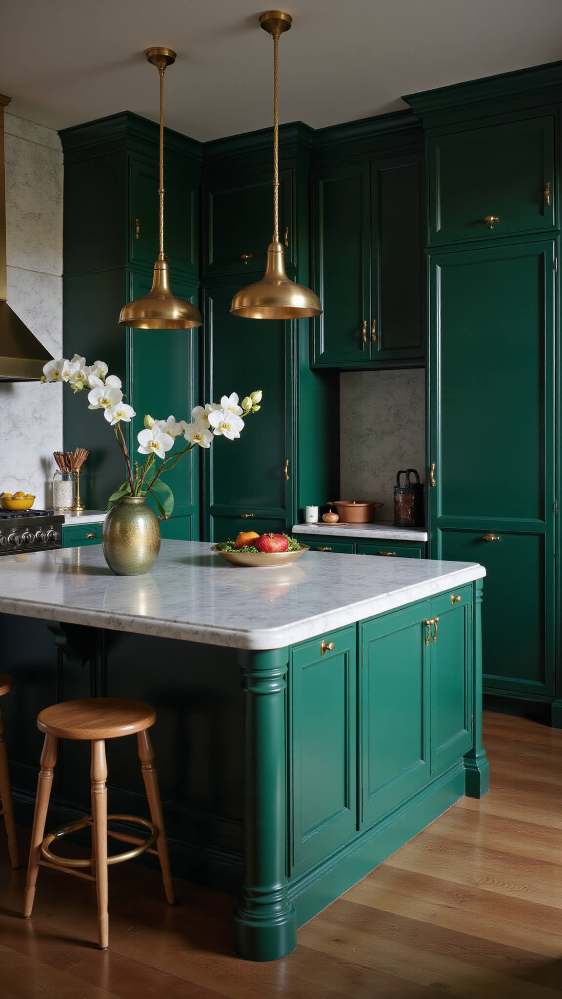 Luxury emerald green kitchen with gold accents, marble island, moody lighting, and designer decor at twilight.