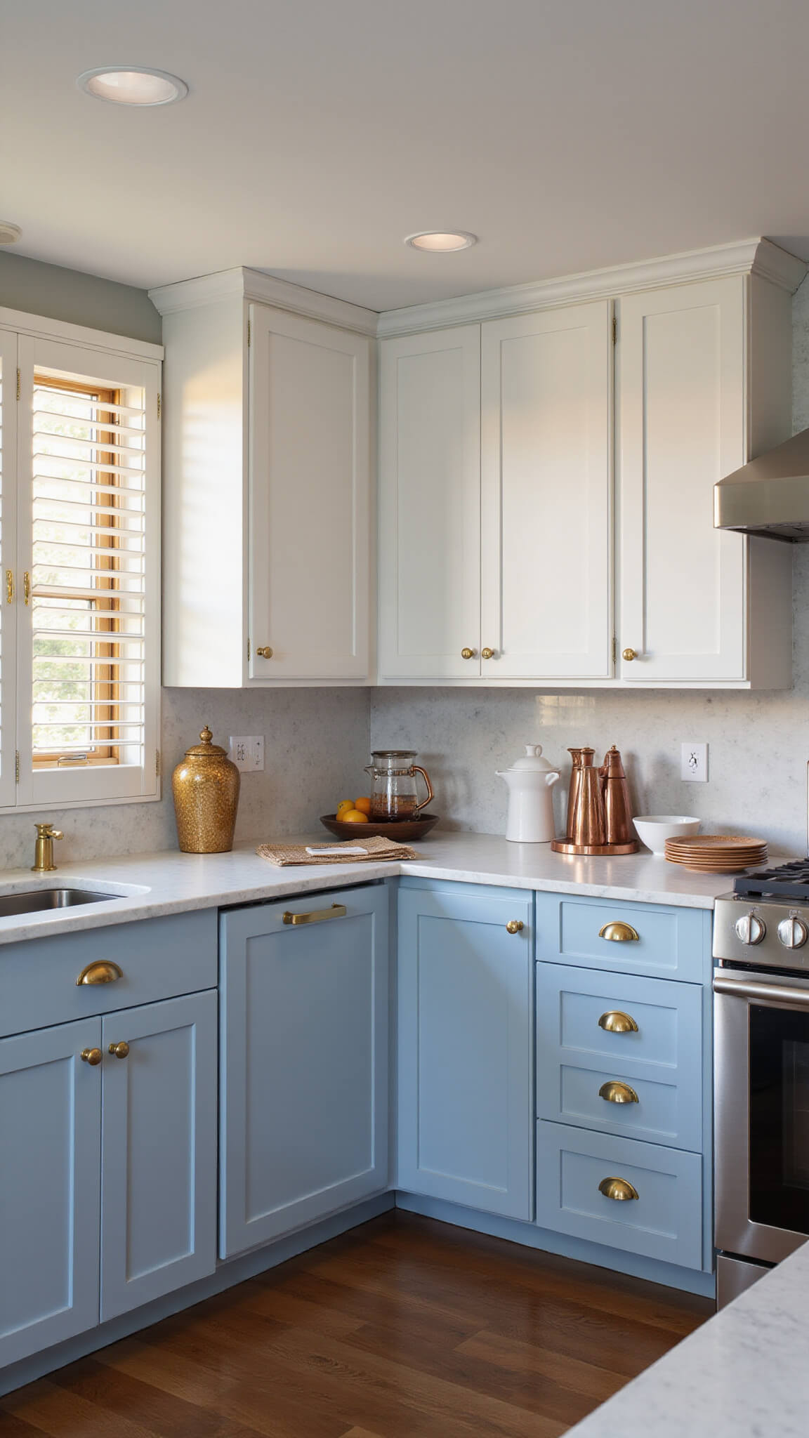L-shaped kitchen with powder blue lower cabinets, white upper cabinets, marble backsplash, and golden hour lighting casting dramatic shadows.