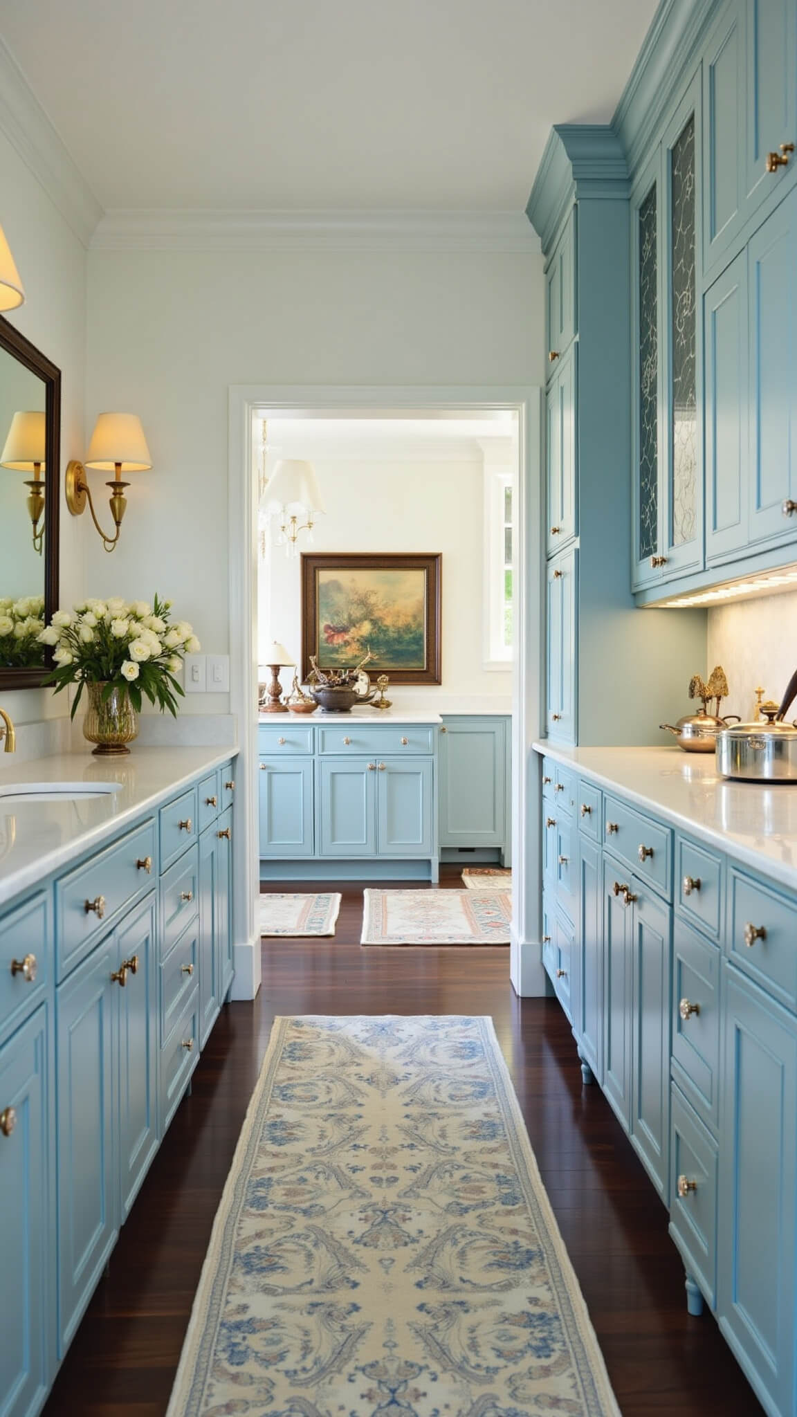 Eye-level view of elegant butler's pantry with baby blue inset cabinets, crystal knobs, white marble counters, antique mirror backsplash, brass sconces, vintage silver, copper cookware, and fresh roses in dramatic side lighting.