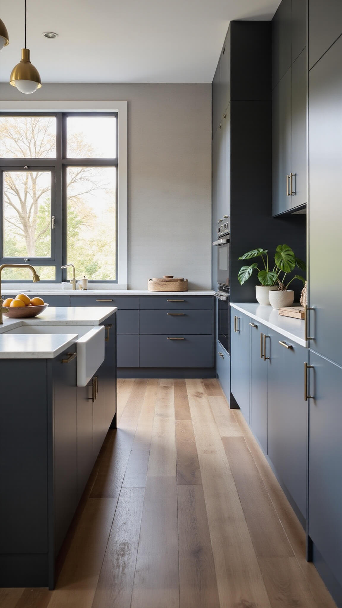 Modern 12x15ft kitchen with matte charcoal handle-less cabinets, white quartz waterfall island, brass pendant lights, and floor-to-ceiling windows streaming morning light.