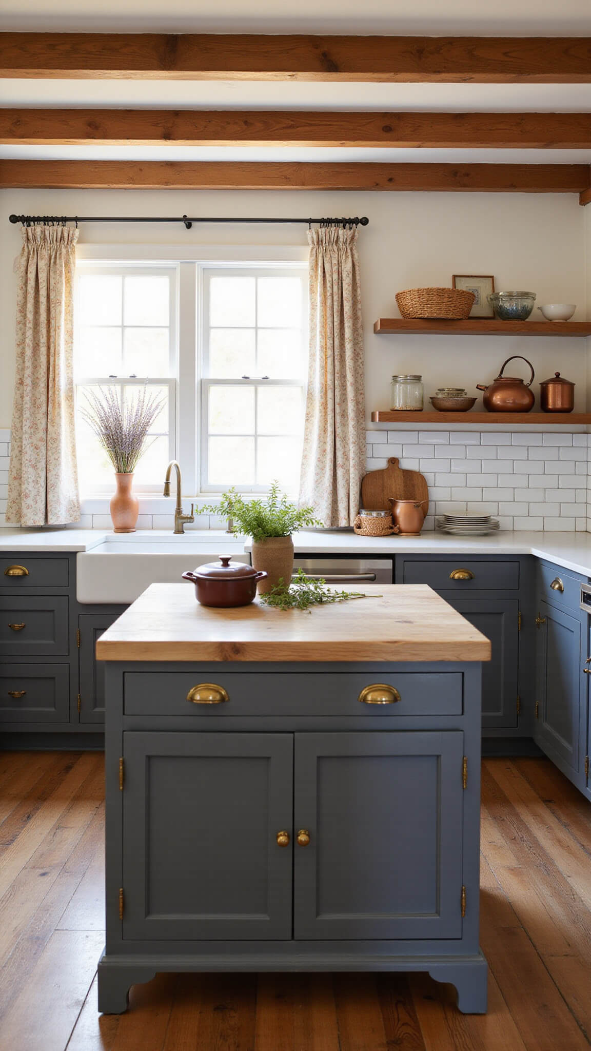 Farmhouse-style kitchen with charcoal shaker cabinets, butcher block island, copper pots, and golden hour sunlight filtering through café curtains.