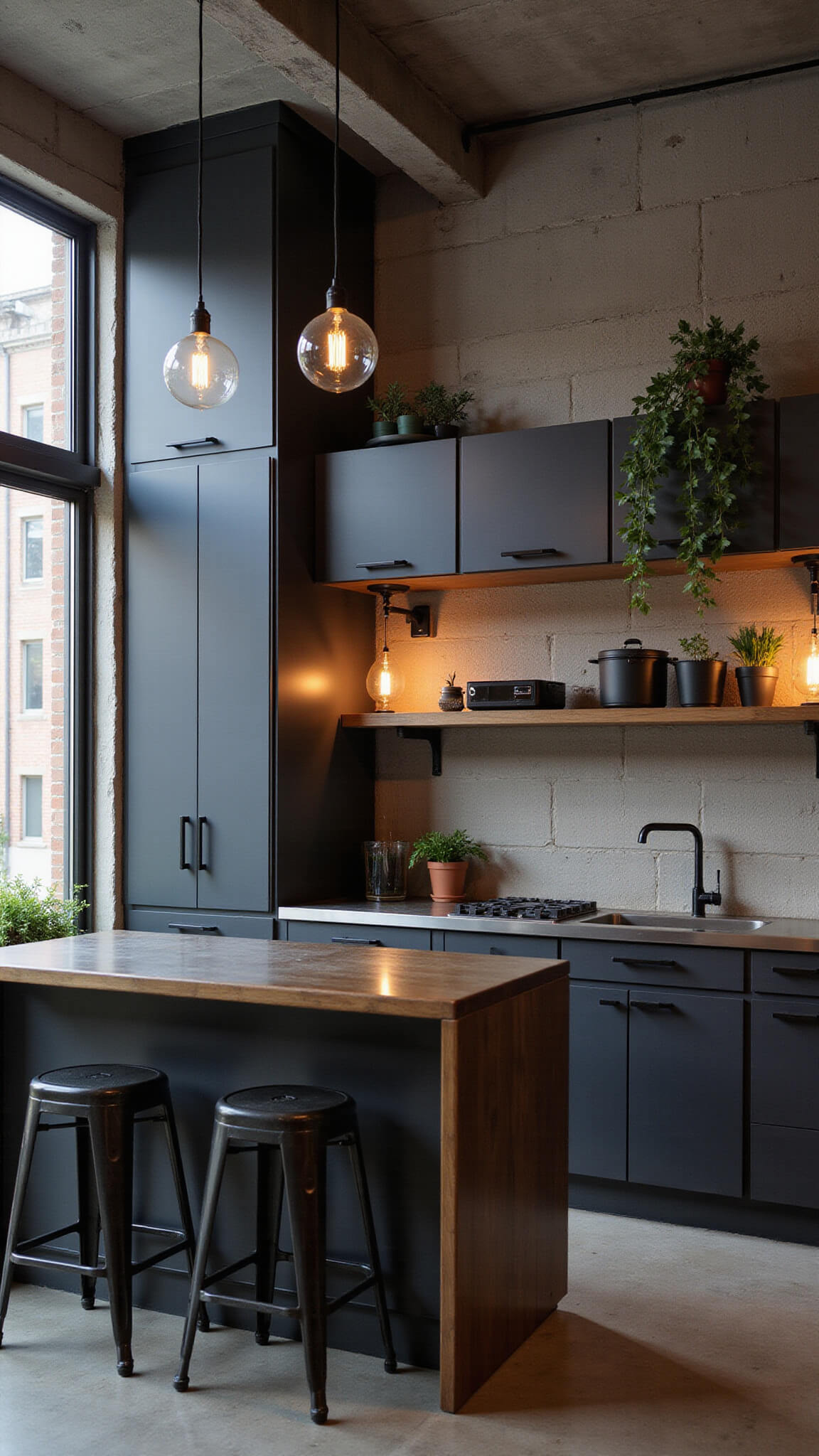 Industrial loft kitchen with charcoal cabinets, stainless steel countertops, and Edison bulb lighting, viewed from above in dramatic midday light.