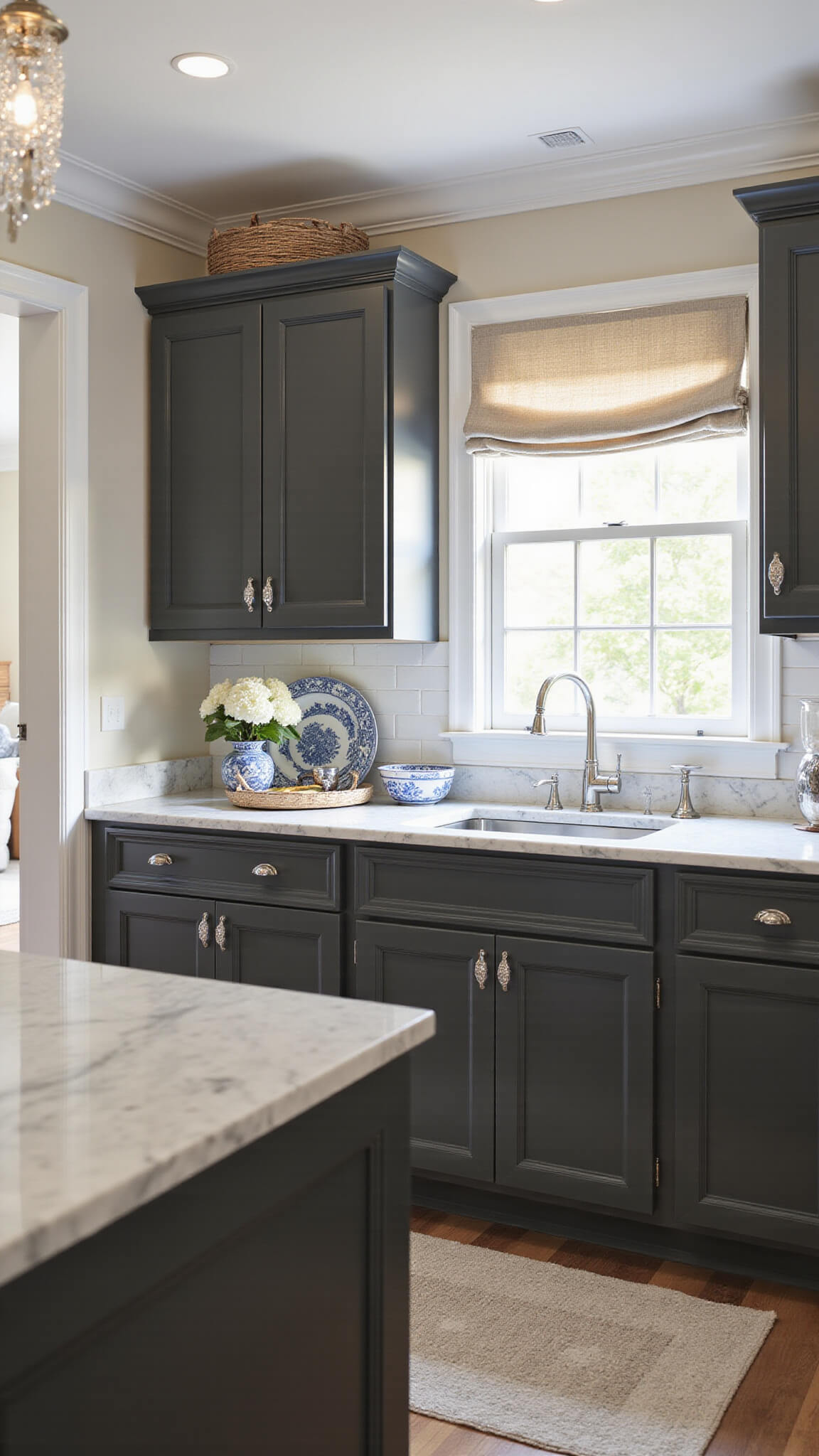 Traditional 14x16ft kitchen with charcoal raised-panel cabinets, Carrara marble countertops, crystal chandelier, and soft afternoon lighting through roman shades.