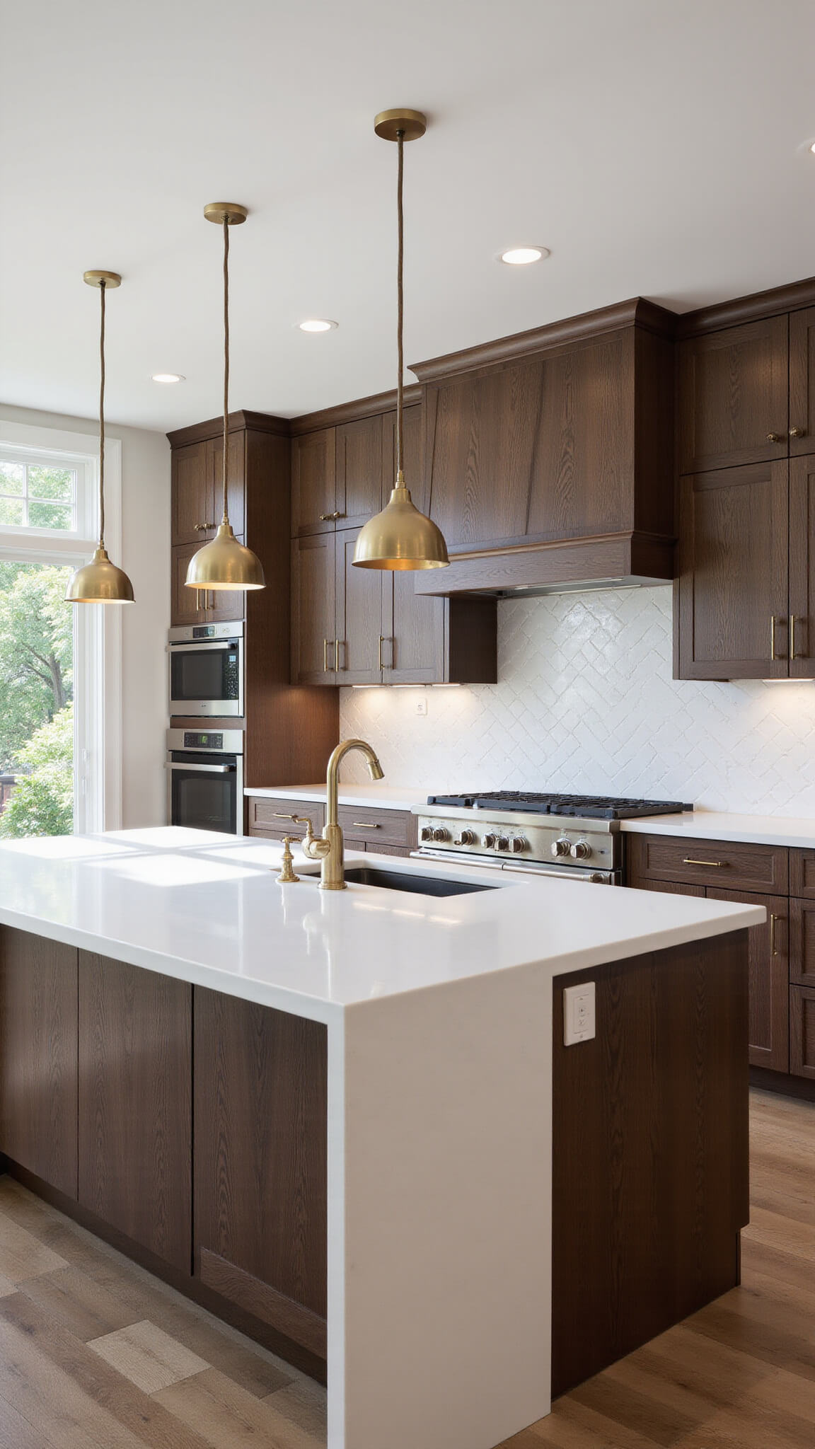 Modern dark oak kitchen with white quartz countertops, large island, brass pendant lights, and herringbone marble backsplash in bright morning light.