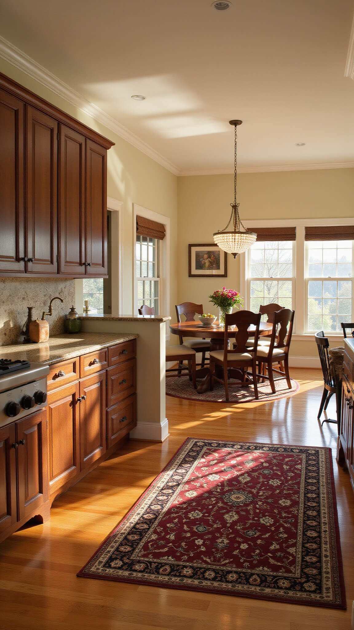 Traditional kitchen with dark oak cabinets, crystal chandelier, burgundy Persian rug, and golden hour sunlight highlighting rich wood and cream plaster walls.