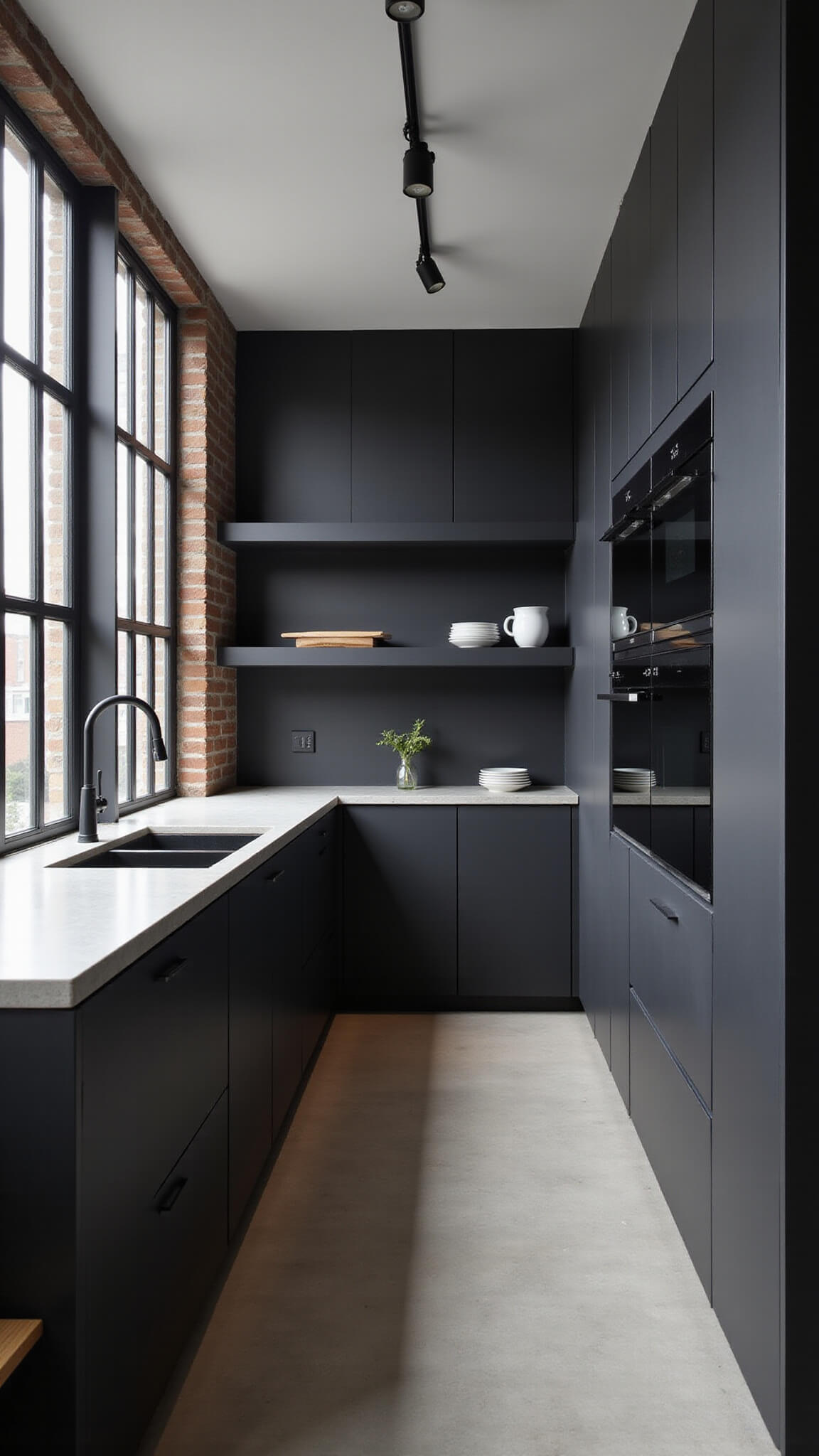 Minimalist black and dark oak kitchen with concrete countertops, steel windows, and track lighting, viewed from above at a 45-degree angle.
