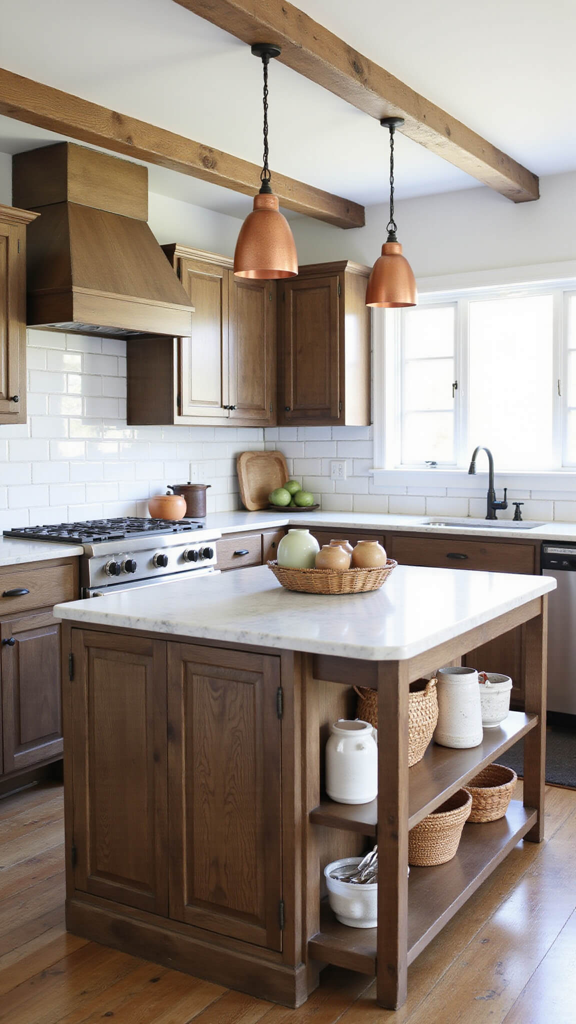 Farmhouse fusion kitchen with marble island, vintage copper pendants, distressed dark oak cabinets, and natural morning light.