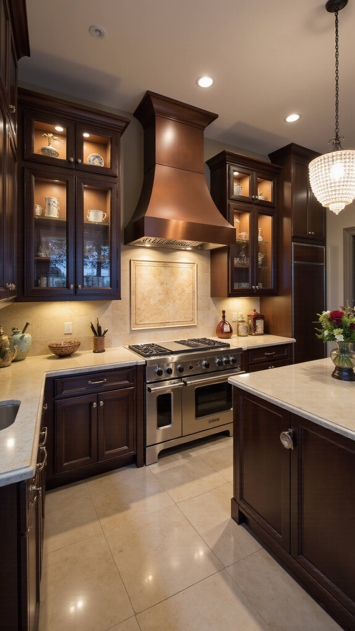 Luxury transitional kitchen with dark oak cabinets, Calacatta gold marble surfaces, copper hood over Wolf range, crystal and brass chandelier, and stainless steel appliances under dramatic dusk lighting.