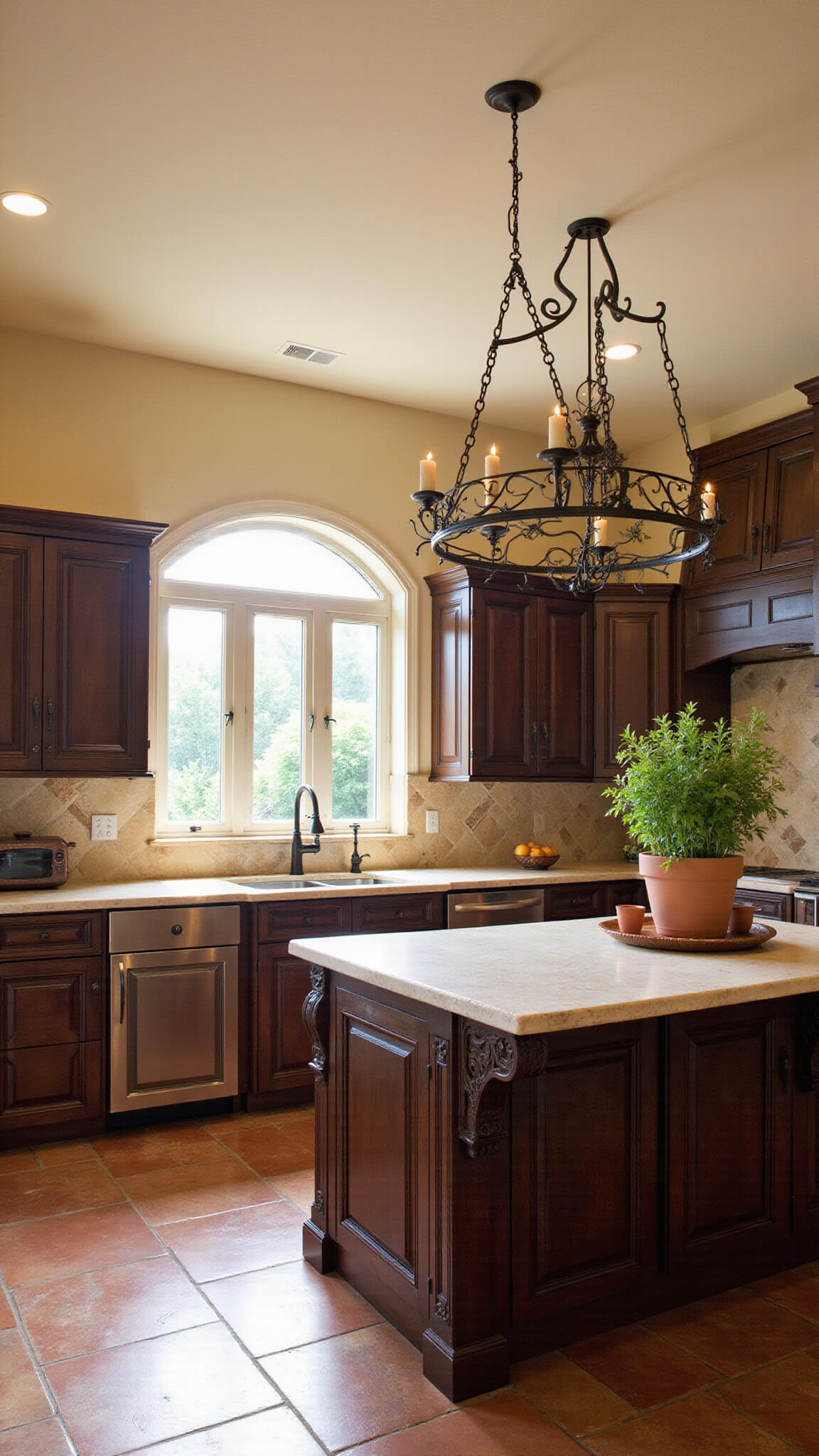 Modern Mediterranean kitchen with dark oak cabinets, terracotta floors, hand-painted tile backsplash, and limestone island under wrought iron pot rack, bathed in afternoon sunlight through arched windows.