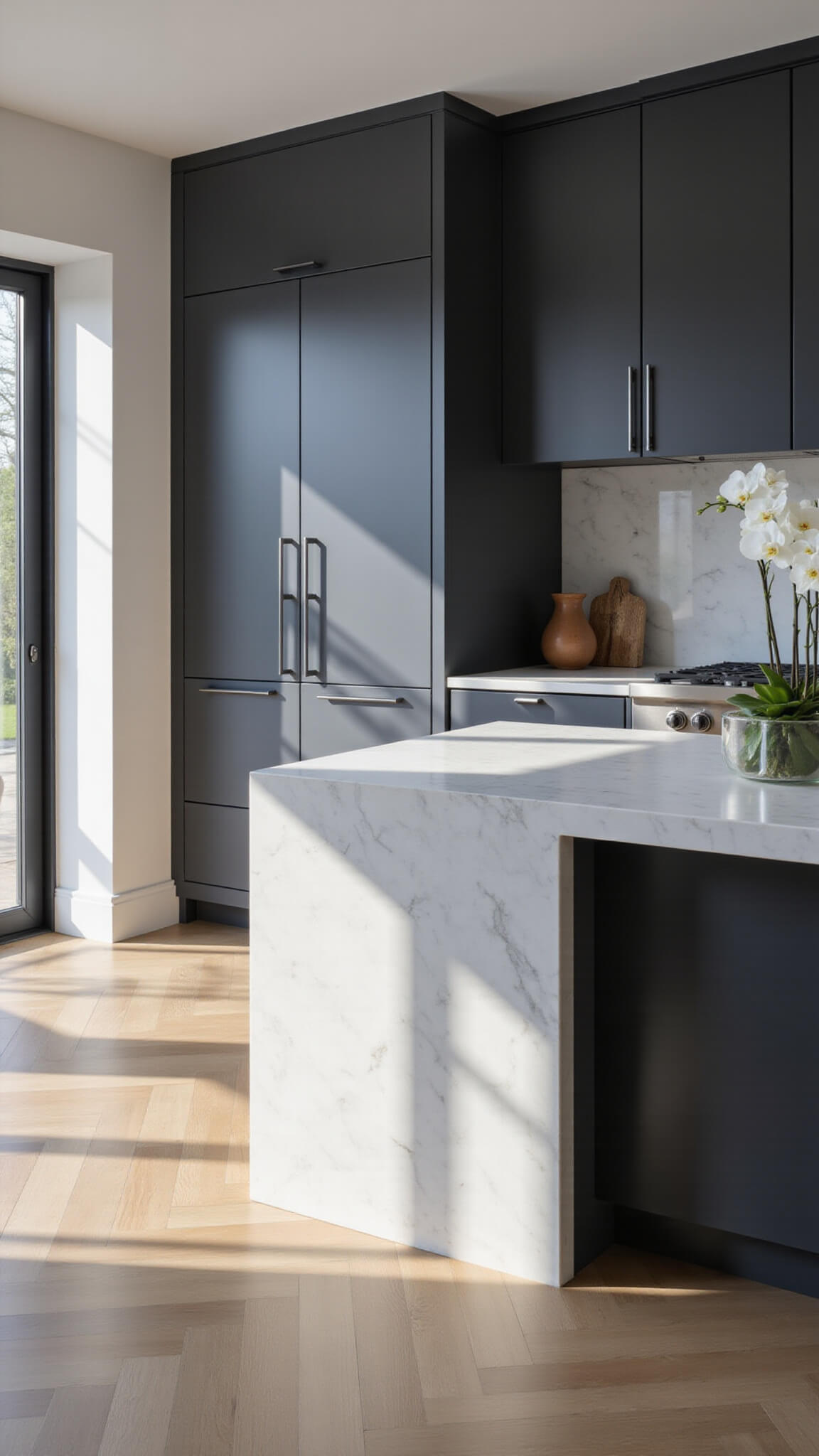 Modern minimalist kitchen with charcoal gray cabinets, white marble island, and morning sunlight casting shadows through floor-to-ceiling windows.