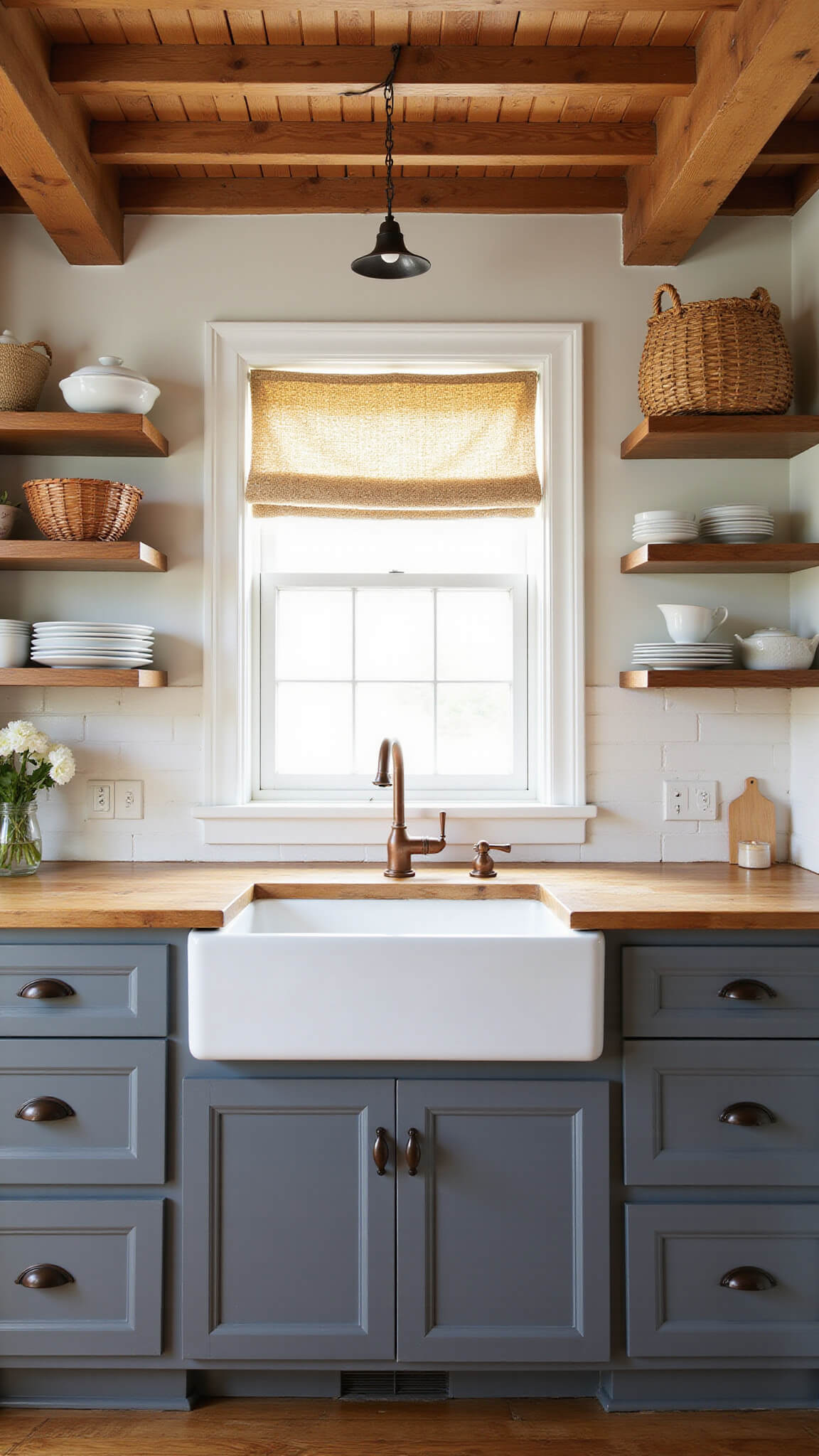 Farmhouse kitchen with charcoal gray shaker cabinets, butcher block counters, exposed wooden beams, and golden hour light filtering through cafe curtains.