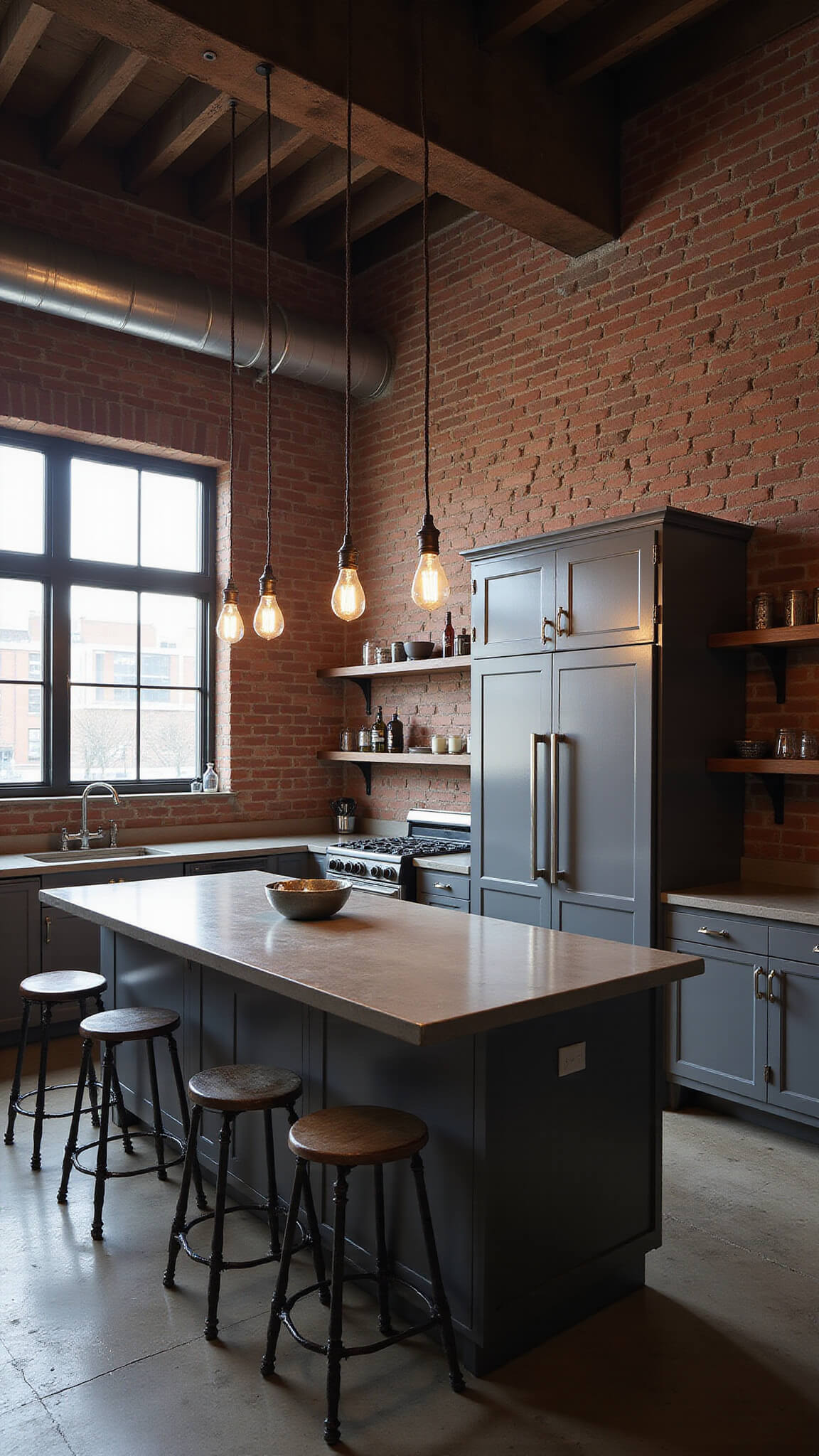Low-angle view of an industrial loft kitchen with exposed brick wall, charcoal gray metal cabinets, concrete countertops, and Edison bulb lighting in moody afternoon light.