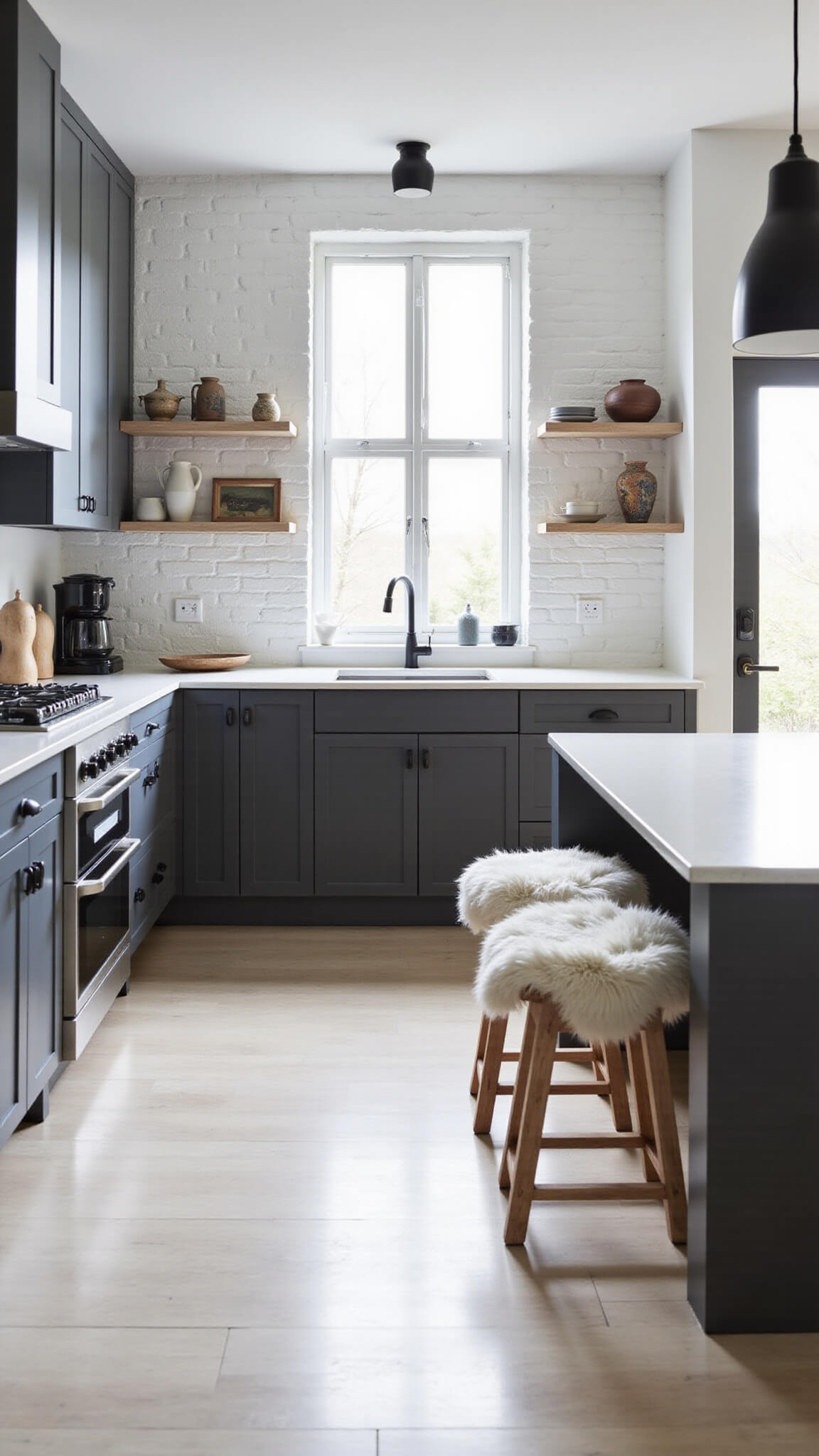 Scandinavian-style kitchen with white brick walls, charcoal gray cabinets, white counters, morning light, and minimalist decor.