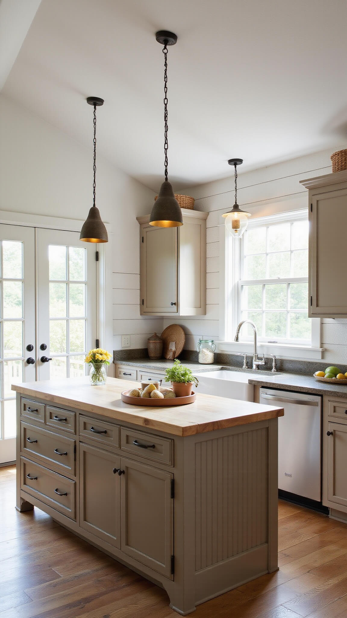 Modern farmhouse kitchen with light brown beadboard cabinets, butcher block island, vaulted ceiling, and warm natural lighting.