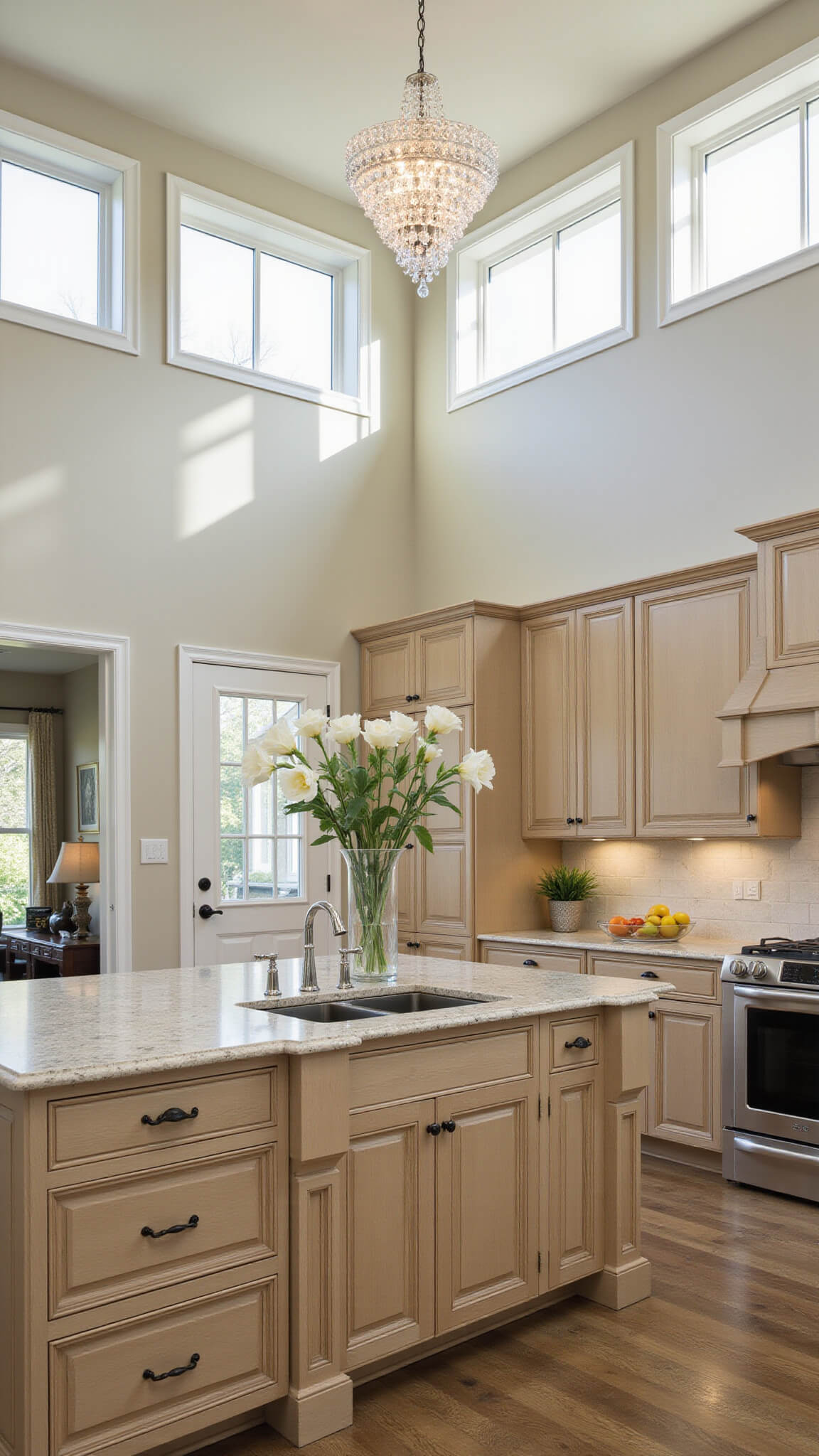 Transitional 16x18ft kitchen with cathedral ceiling, light brown furniture-style cabinets, marble backsplash to ceiling, crystal chandelier above island, and natural light casting shadows.