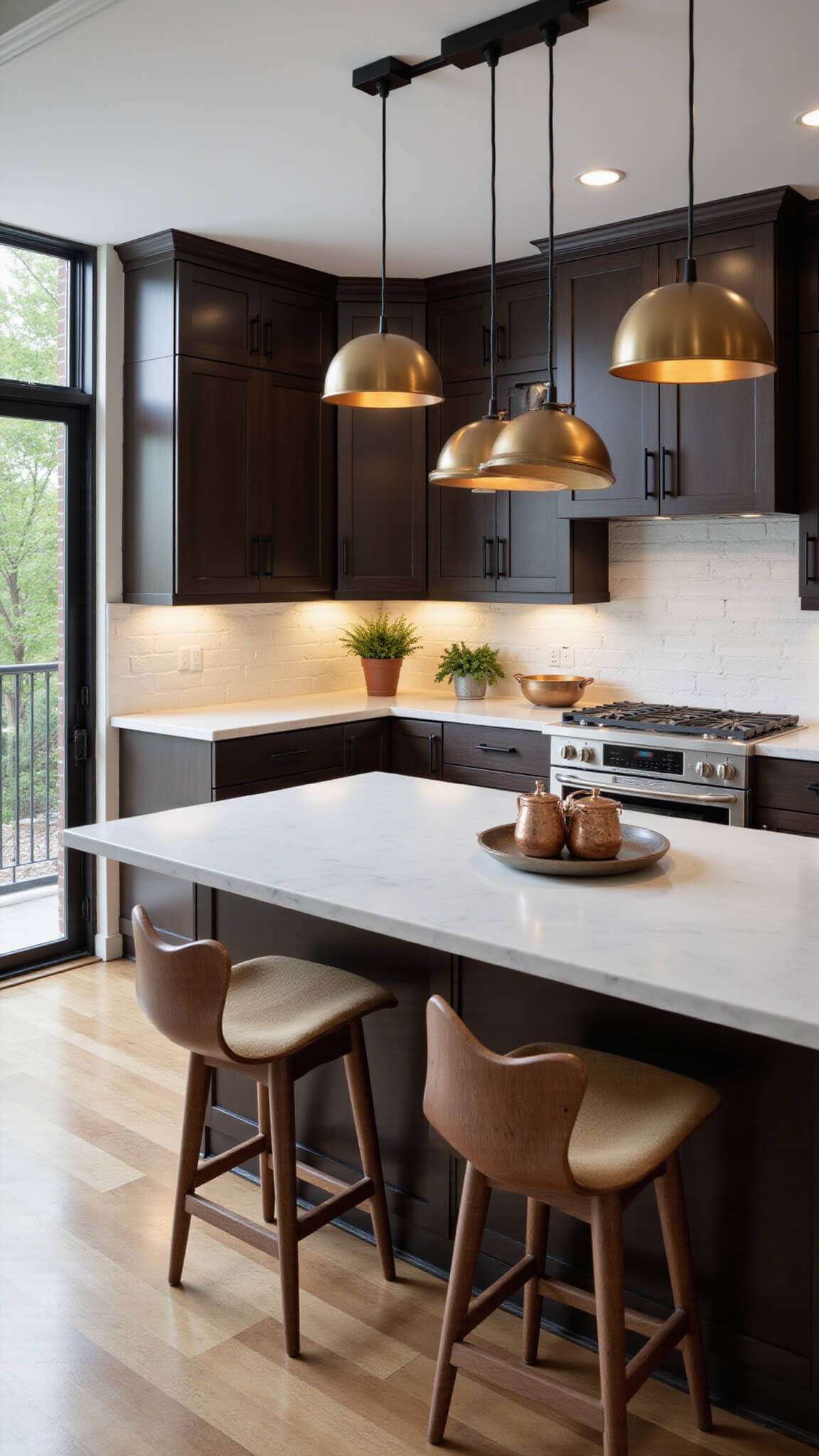 Contemporary 12x15ft kitchen with espresso cabinets, white quartz countertops, brass pendant lights over marble island, and morning light from floor-to-ceiling windows.