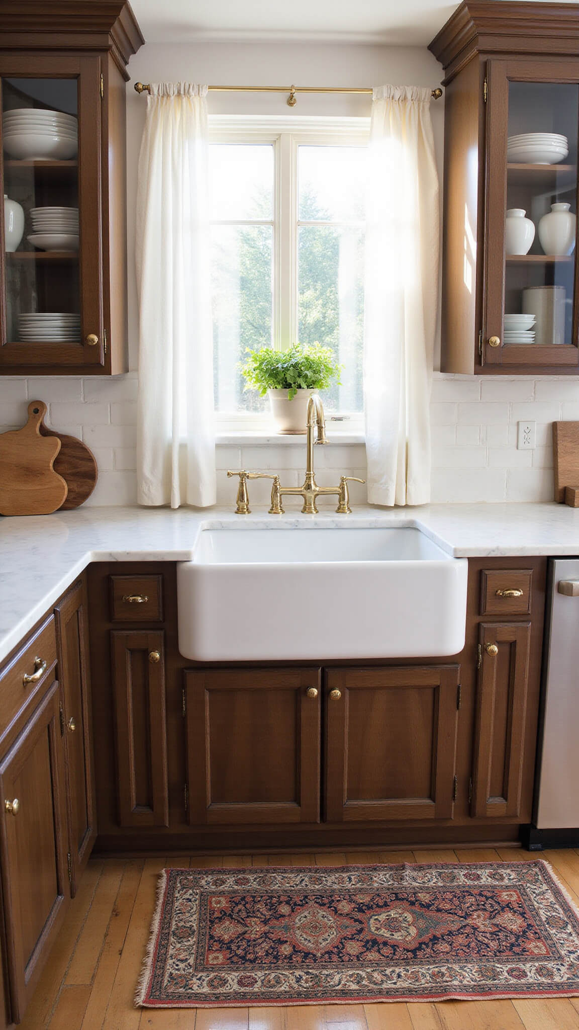 Transitional kitchen with dark walnut cabinets, Carrara marble counters, farmhouse sink, and vintage Persian runner in late afternoon sun.
