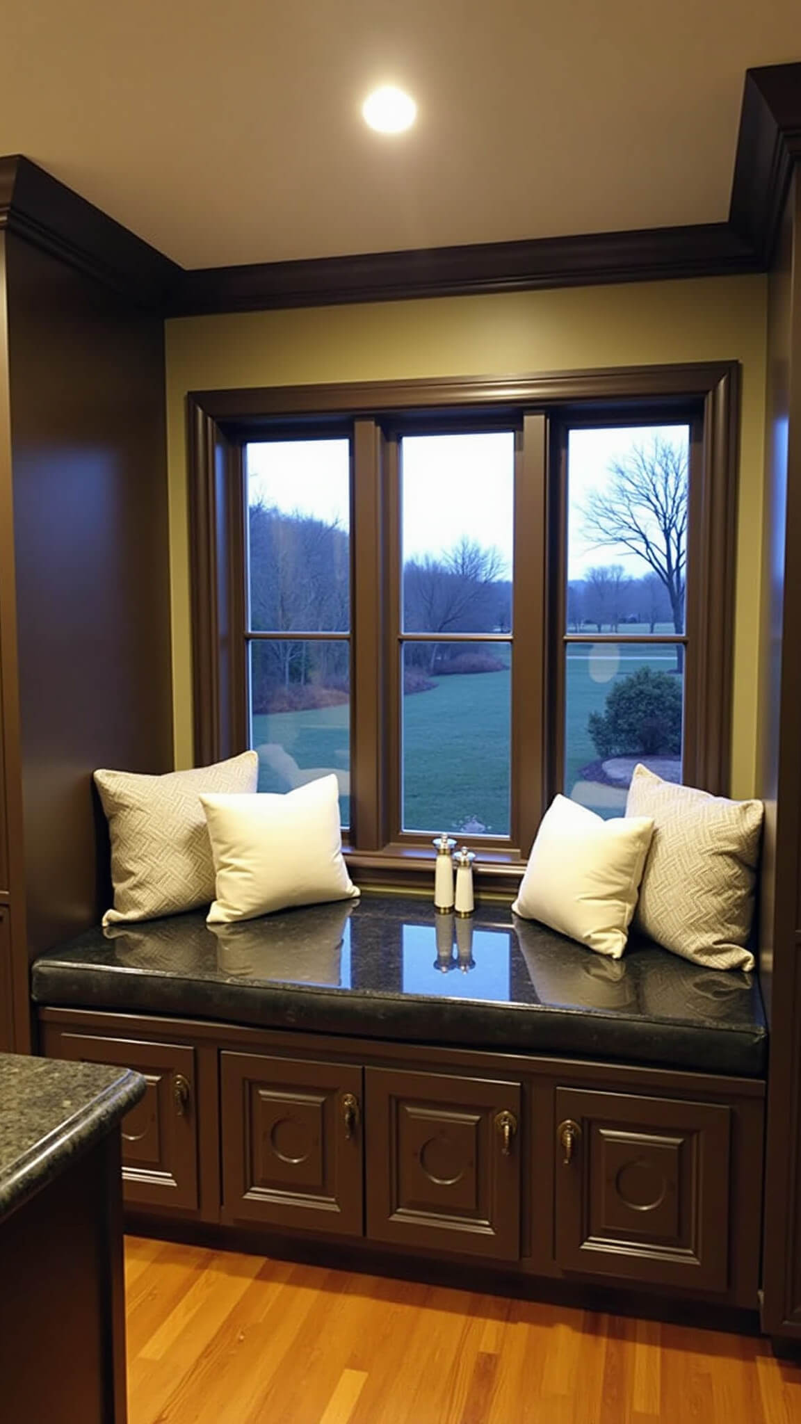 Cozy 11x13ft kitchen nook at dusk with espresso-stained cabinets, black granite counters, metallic hardware, and window seat with linen cushions.