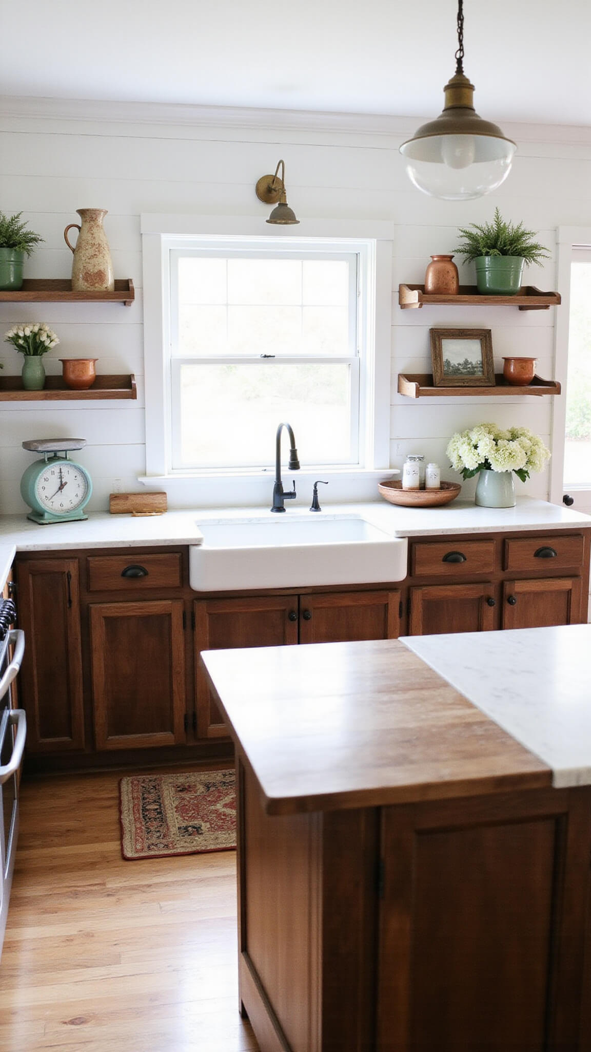 Farmhouse kitchen with dark walnut cabinets, white shelving, butcher block island with marble slab, copper accents, vintage scales, and fresh flowers in warm morning light.