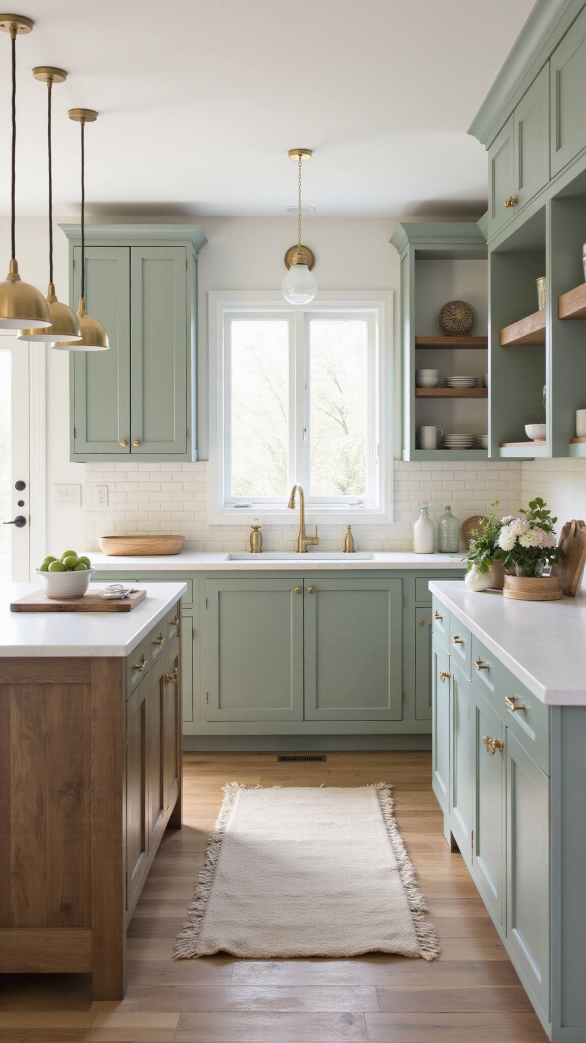 Modern sage green kitchen with shaker cabinets, white quartz countertops, and oak island, bathed in natural morning light from floor-to-ceiling windows.