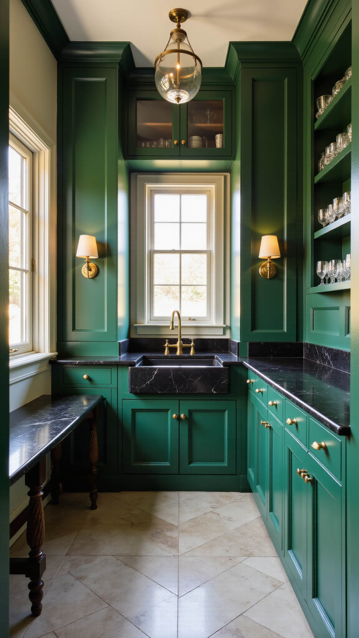 Forest green Modern Victorian butler's pantry with tall cabinets, black soapstone counters, glass-front uppers, herringbone marble floor, and warm brass lighting.