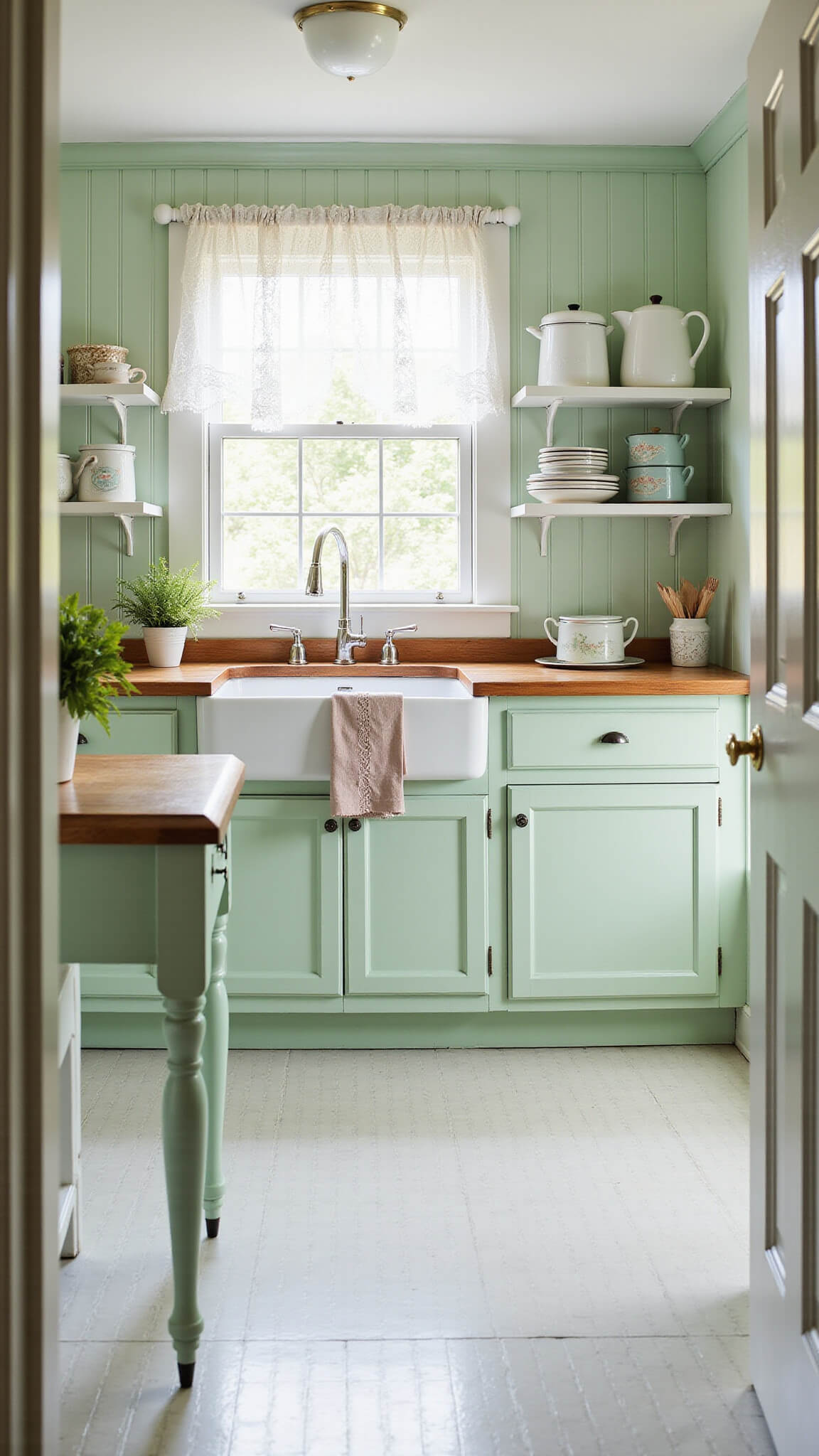 Mint green cottage kitchen with beadboard cabinets, farmhouse sink under lace-curtained window, butcher block counters, vintage enamelware on open shelves, and white penny tile floor.