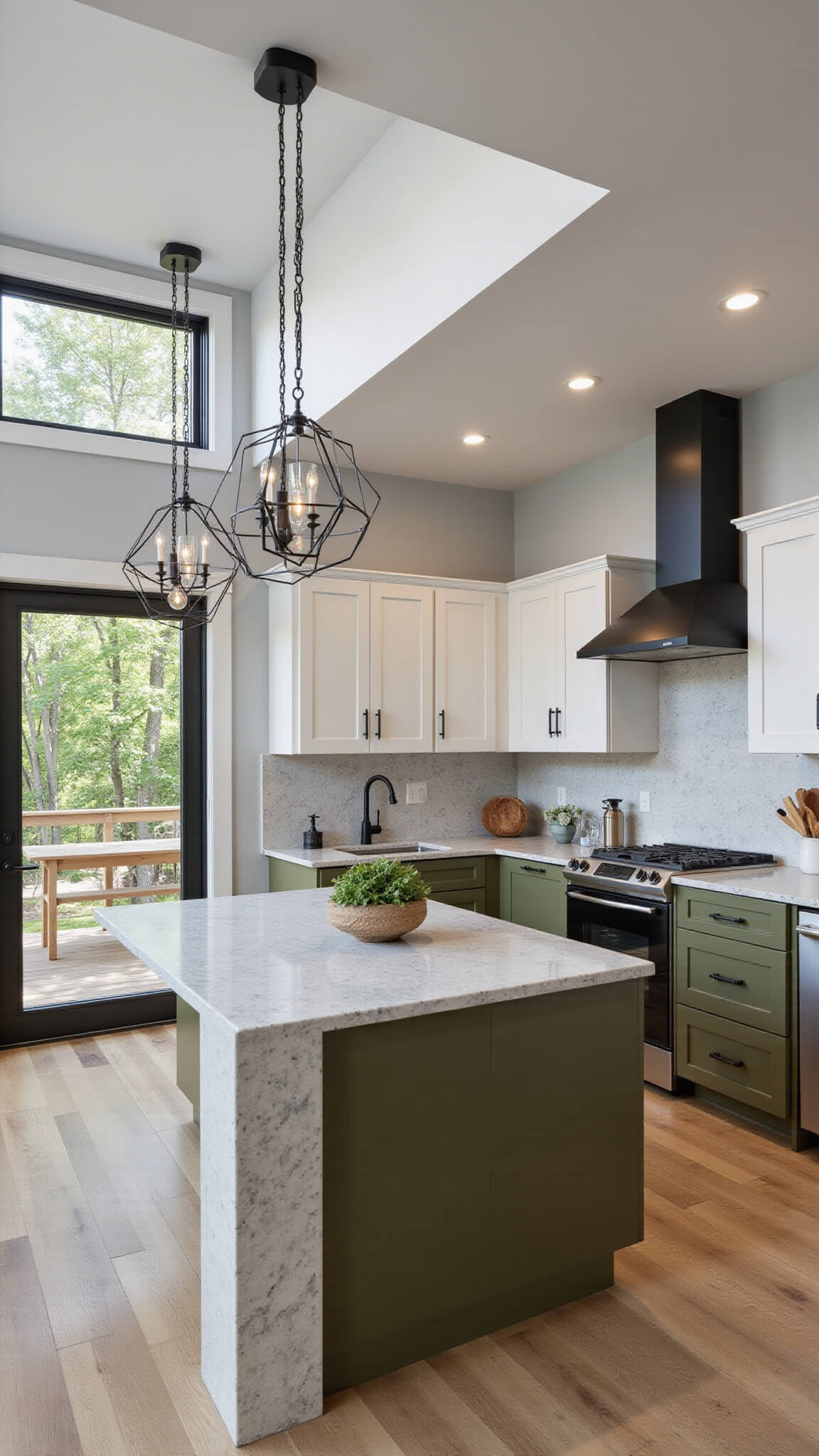 Modern two-tone olive and white kitchen with marble waterfall island, matte black hardware, geometric pendant lighting, and wide plank white oak floors.