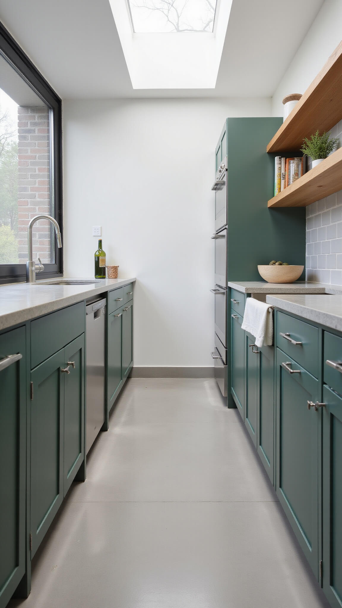 Eucalyptus green galley kitchen with skylight, stainless steel appliances, concrete countertops, and minimalist Scandinavian design.