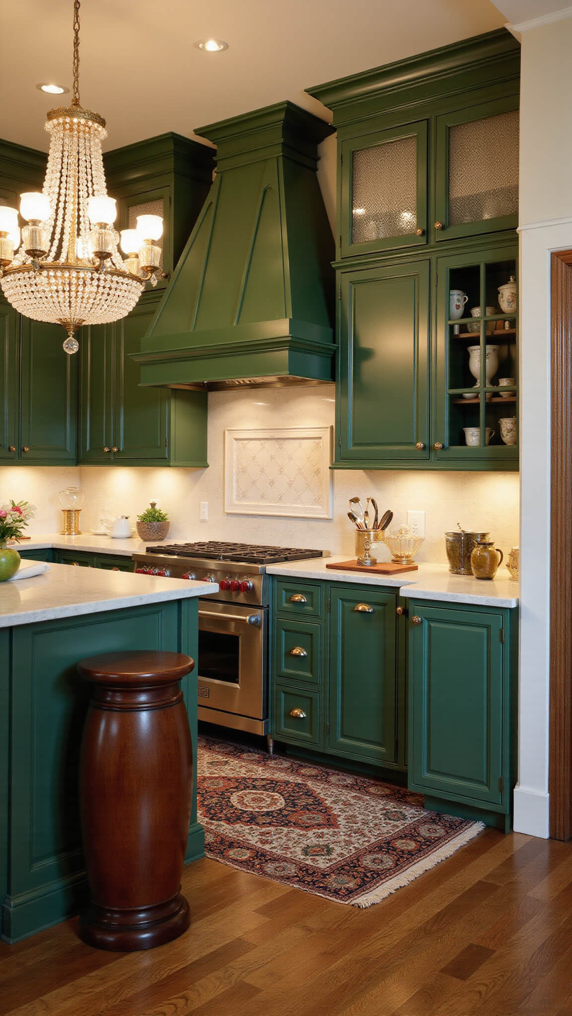 Hunter green traditional kitchen with inset cabinets, glass-front uppers, crystal chandelier, Carrara marble surfaces, and antique Persian runner in dramatic evening lighting.