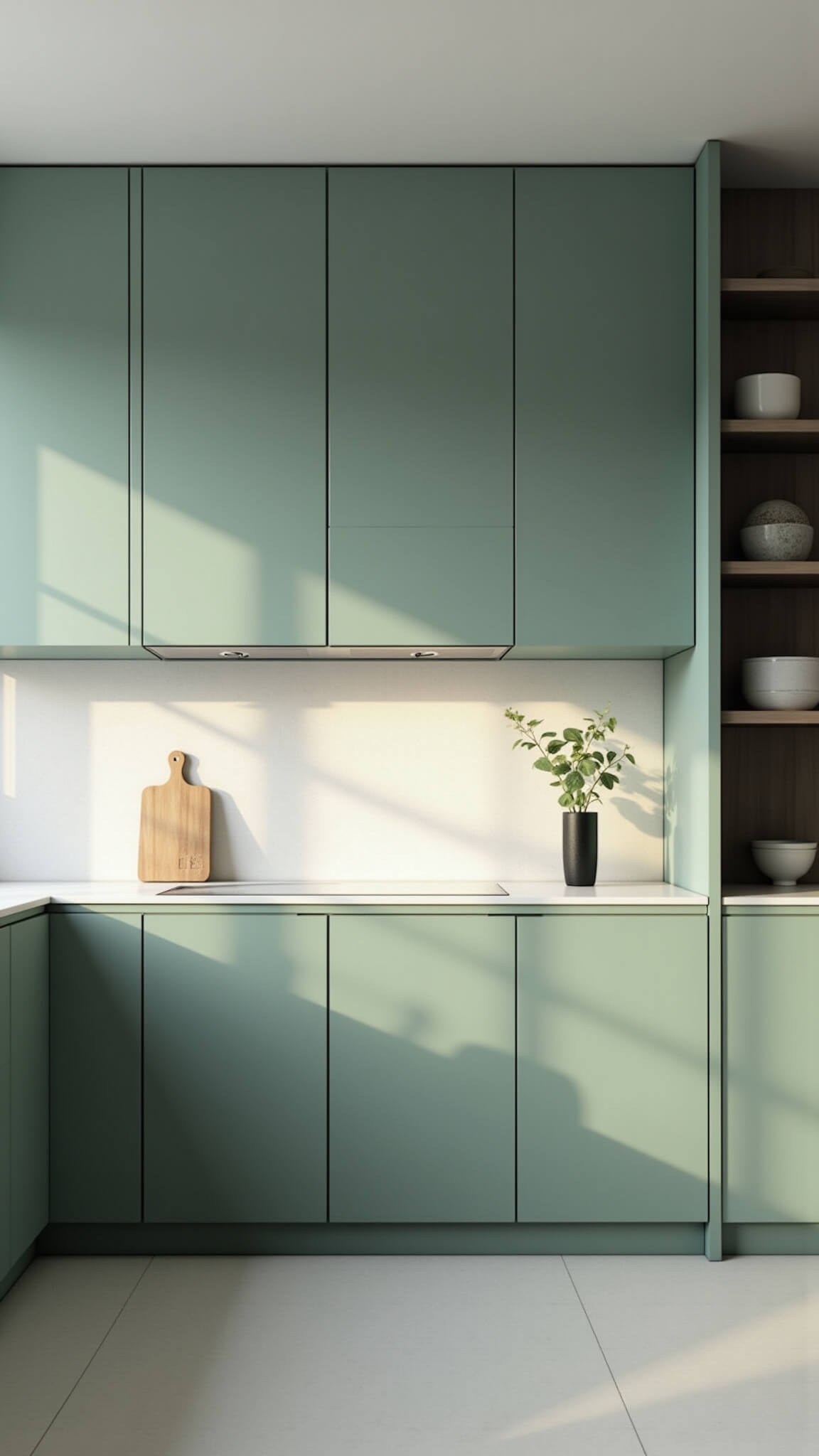 Ultra-modern celadon green kitchen with handleless cabinets, white terrazzo counters, and integrated appliances in soft morning light.