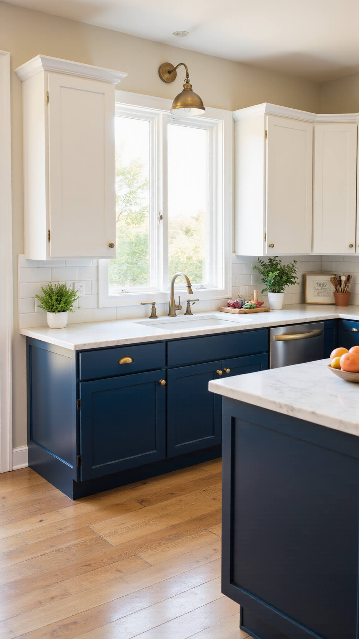 Open-concept kitchen with white and navy cabinets, marble island, and golden hour sunlight streaming through west-facing windows.