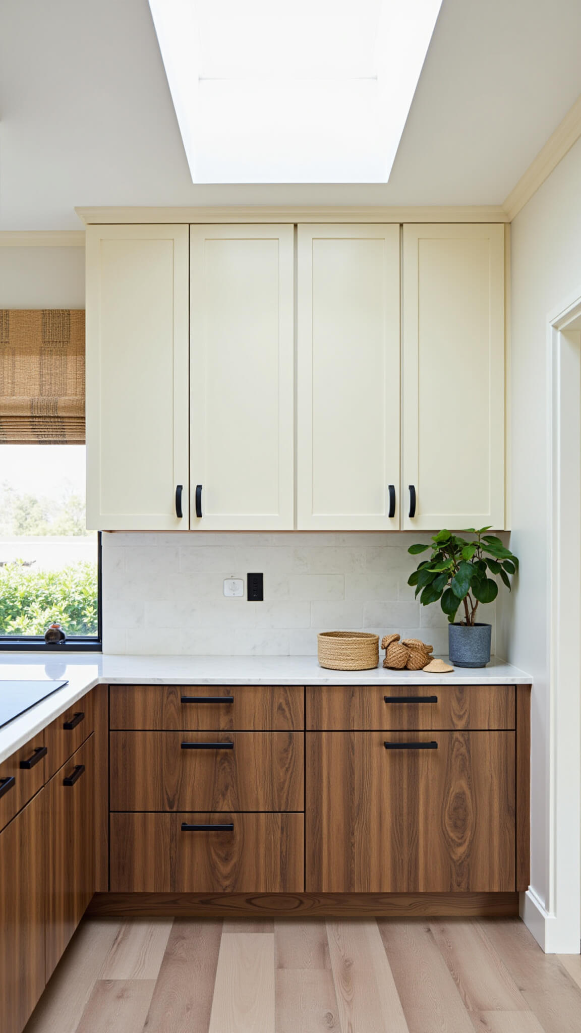 Mid-morning light fills a cozy 10'x12' kitchen nook with cream upper cabinets, walnut lowers, matte black hardware, and artisanal decor.