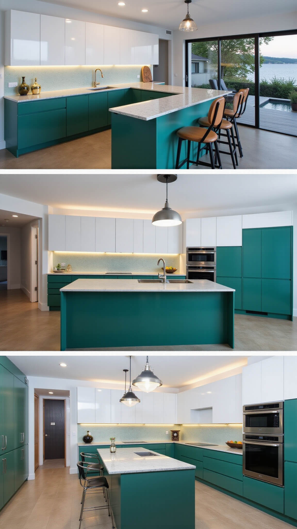 Modern L-shaped kitchen with white upper cabinets, emerald green lower cabinets, quartz countertops, and under-cabinet lighting, photographed at dusk.