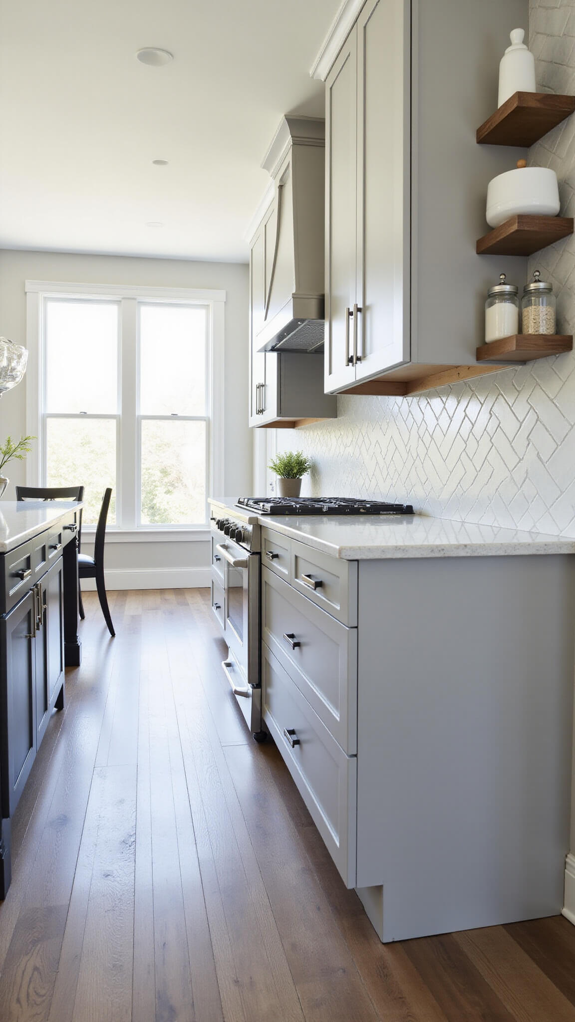 Low-angle view of a transitional galley kitchen with light gray upper cabinets, charcoal lower cabinets with chrome pulls, herringbone marble backsplash, and morning light from north-facing windows.