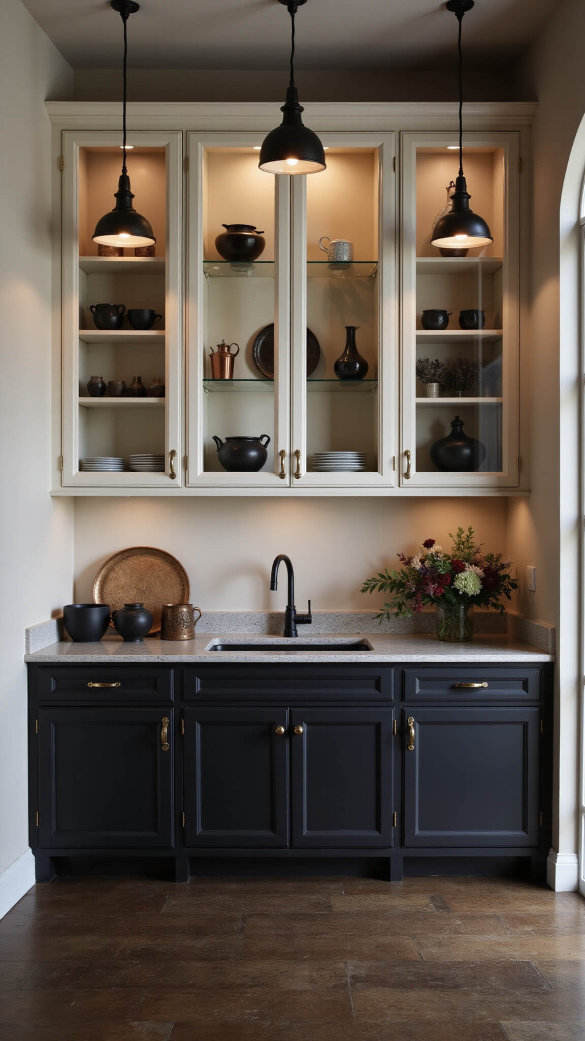 Symmetrical corner kitchen vignette with matte black lower cabinets, glossy cream uppers, glass display cabinets, moody pendant lighting, and vintage copper and dark ceramic accents.