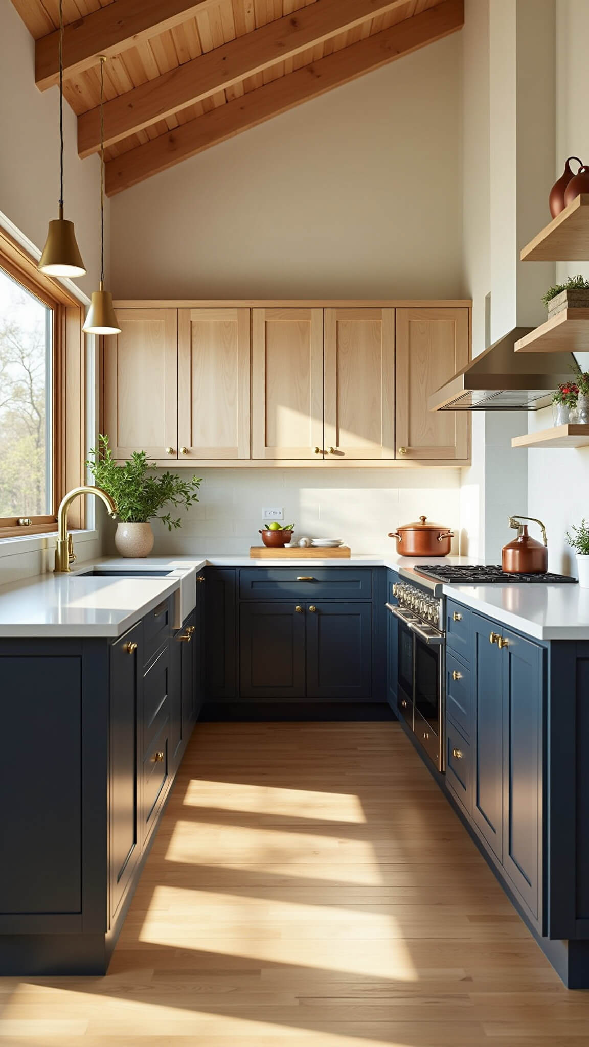 L-shaped kitchen with cathedral ceilings and exposed beams at golden hour, featuring white oak cabinets, navy lower cabinets, brass fixtures, and sunlight casting shadows on wide plank flooring.