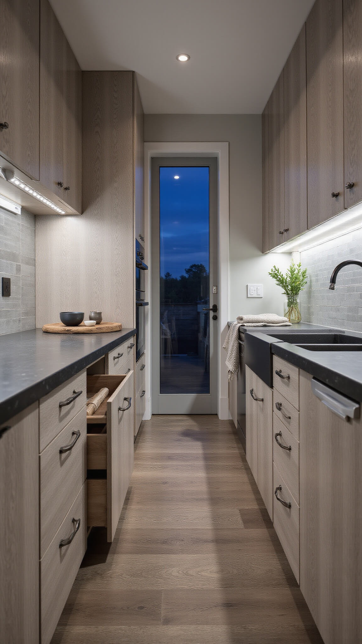 Moody blue hour galley kitchen with cerused white oak cabinets, soapstone counters, under-cabinet LEDs, and artisanal decor.