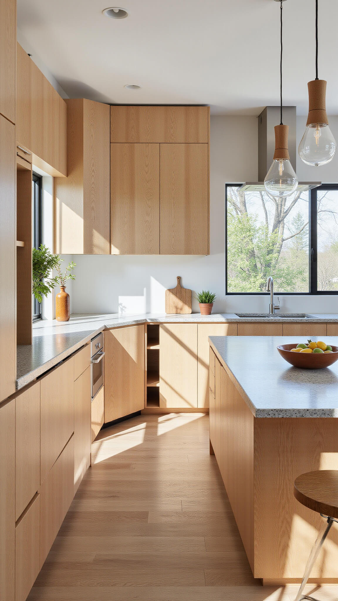 Bird's eye view of bright 14x14ft corner kitchen with white oak cabinets, stone island, pendant lights, and modern decor in honey oak and white quartz.