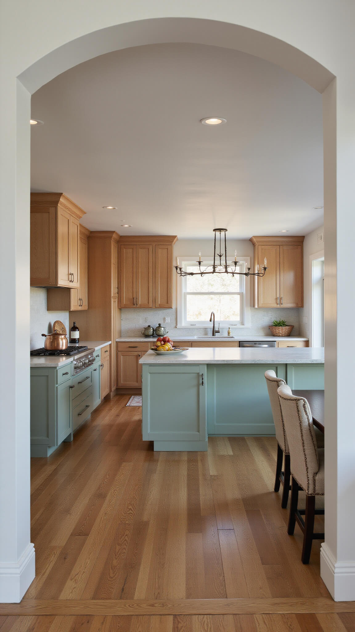 Open-concept kitchen at dusk with white oak upper cabinets, sage green lower cabinets, oversized chandelier, and vintage copper accents.