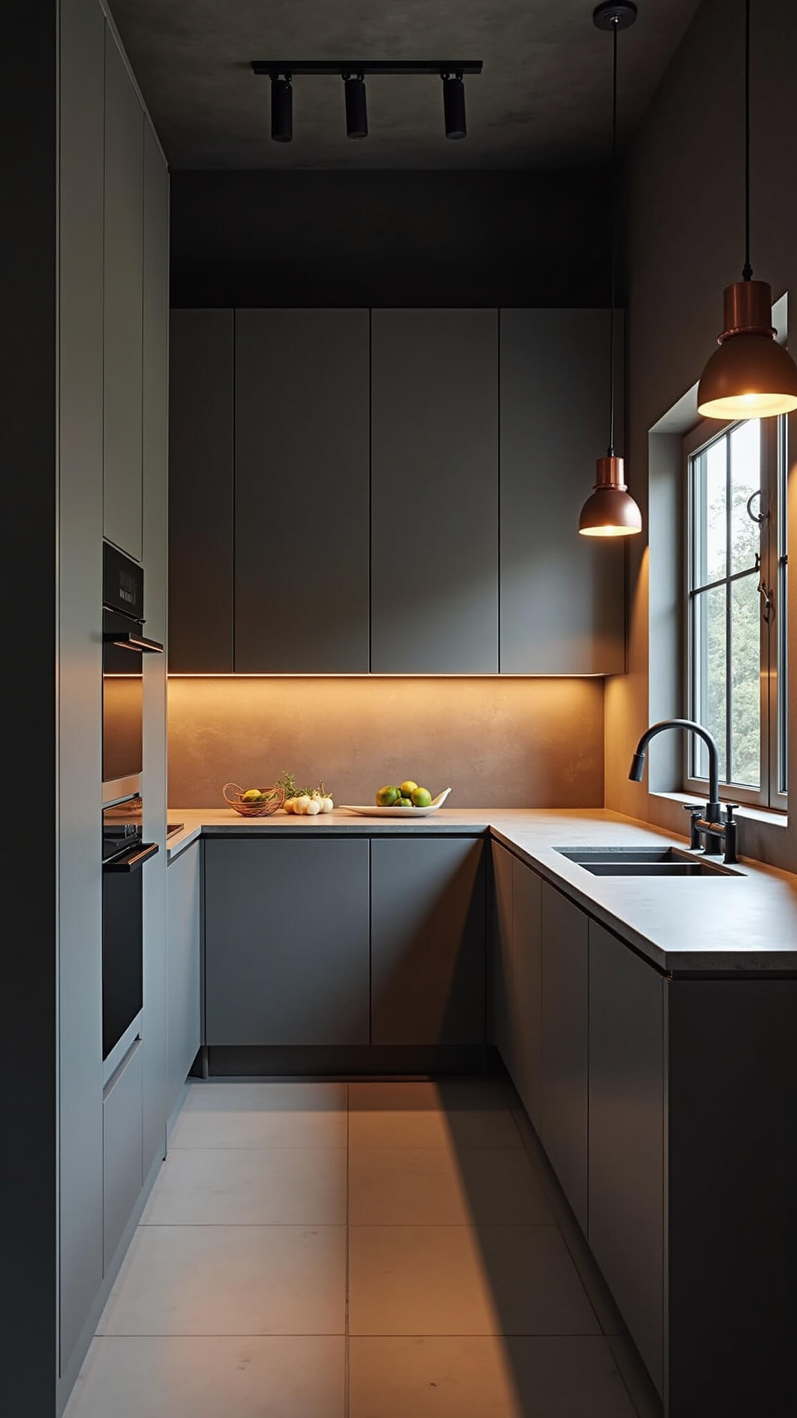 Intimate 8x12ft galley kitchen at golden hour with grey flat-panel cabinets, concrete countertops, copper pendant lights, and black matte fixtures, viewed from the entrance.