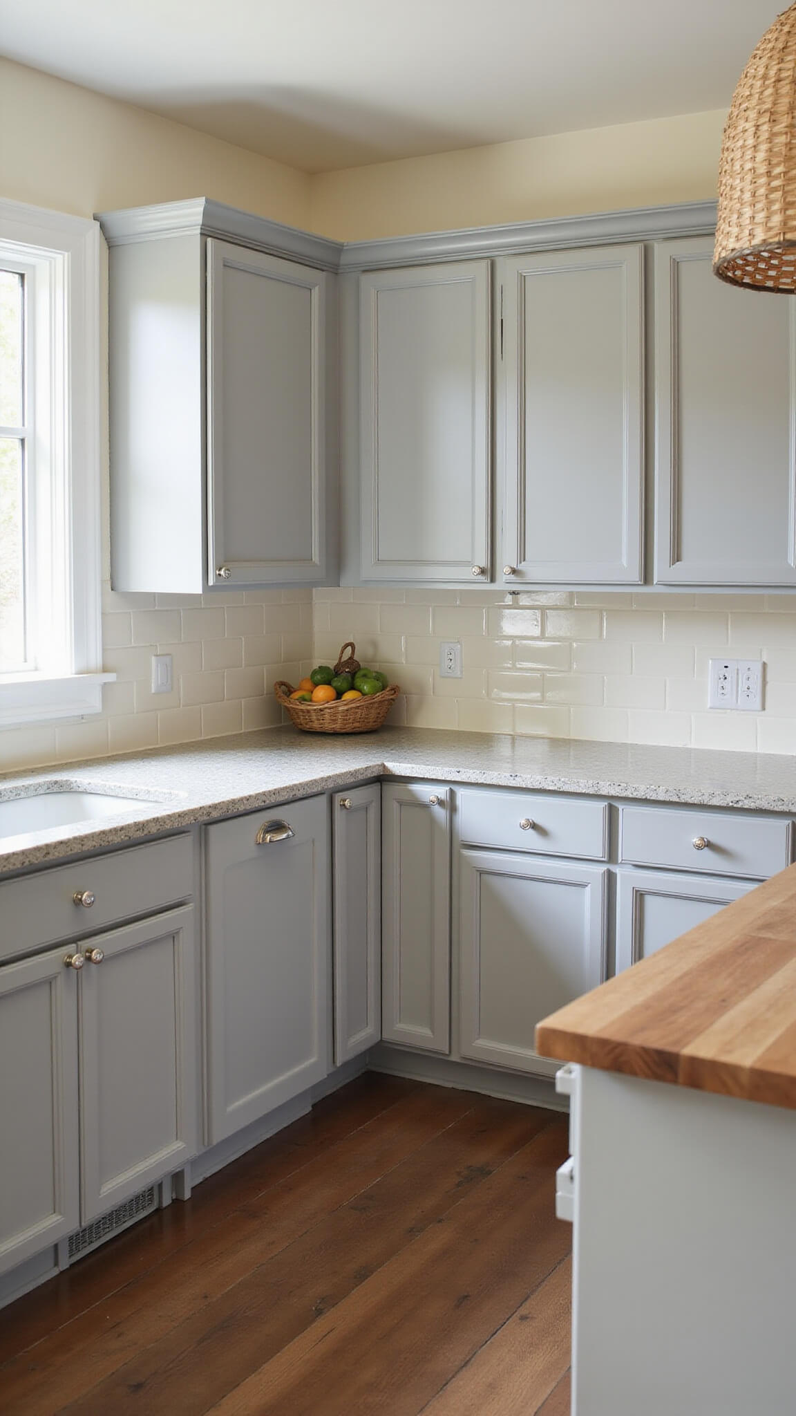 L-shaped kitchen with warm grey Shaker cabinets, butcher block island, cream subway tile backsplash, and woven pendant lights in bright morning light.