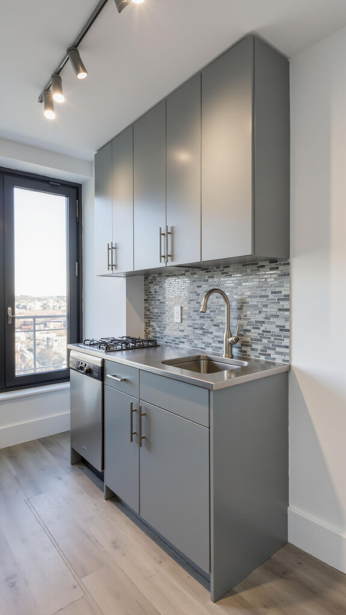 Compact 8x10ft urban kitchen with pearl grey gloss cabinets, stainless countertops, geometric grey-white backsplash, and modern track lighting.