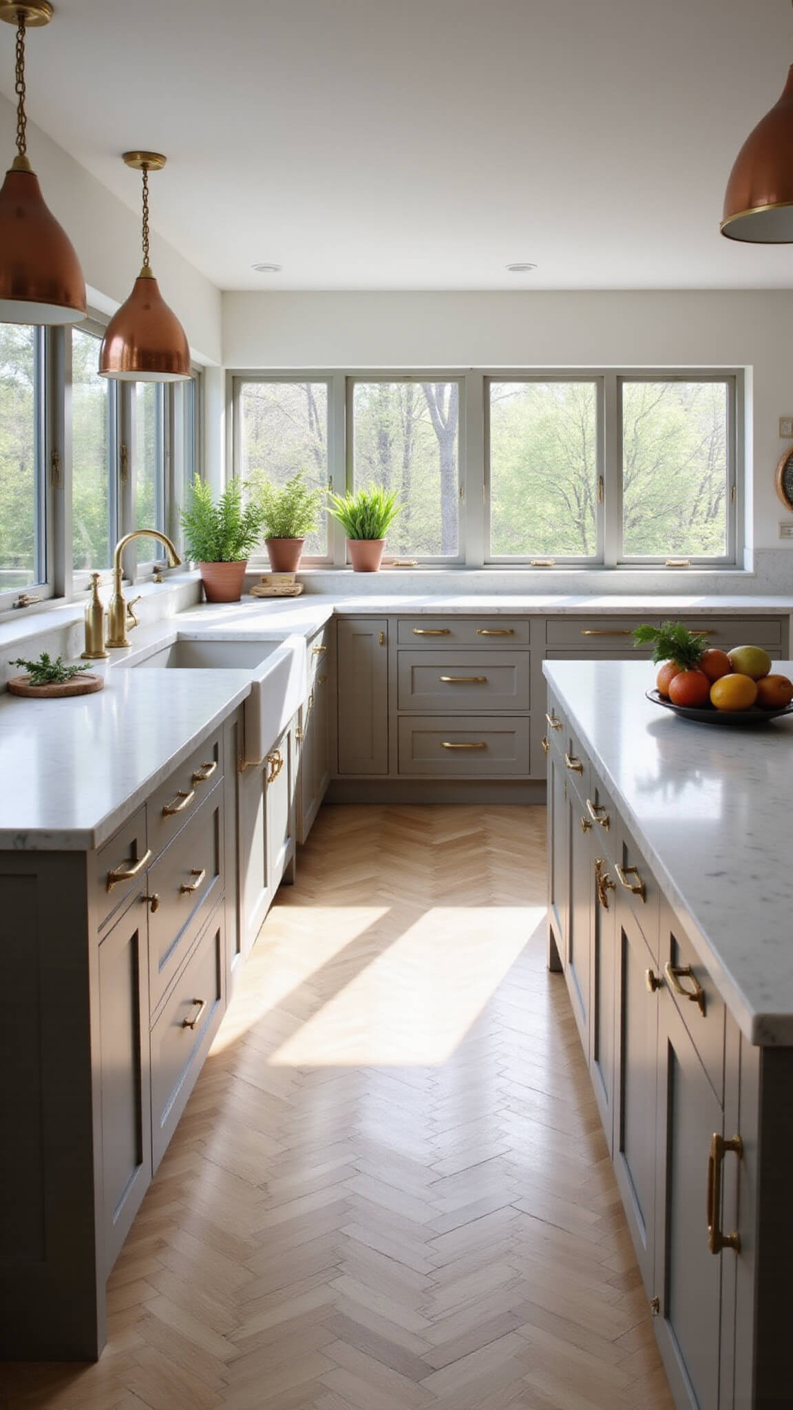 Contemporary 12x15ft kitchen with light taupe cabinets, marble island, white oak herringbone floors, and morning light through floor-to-ceiling windows.
